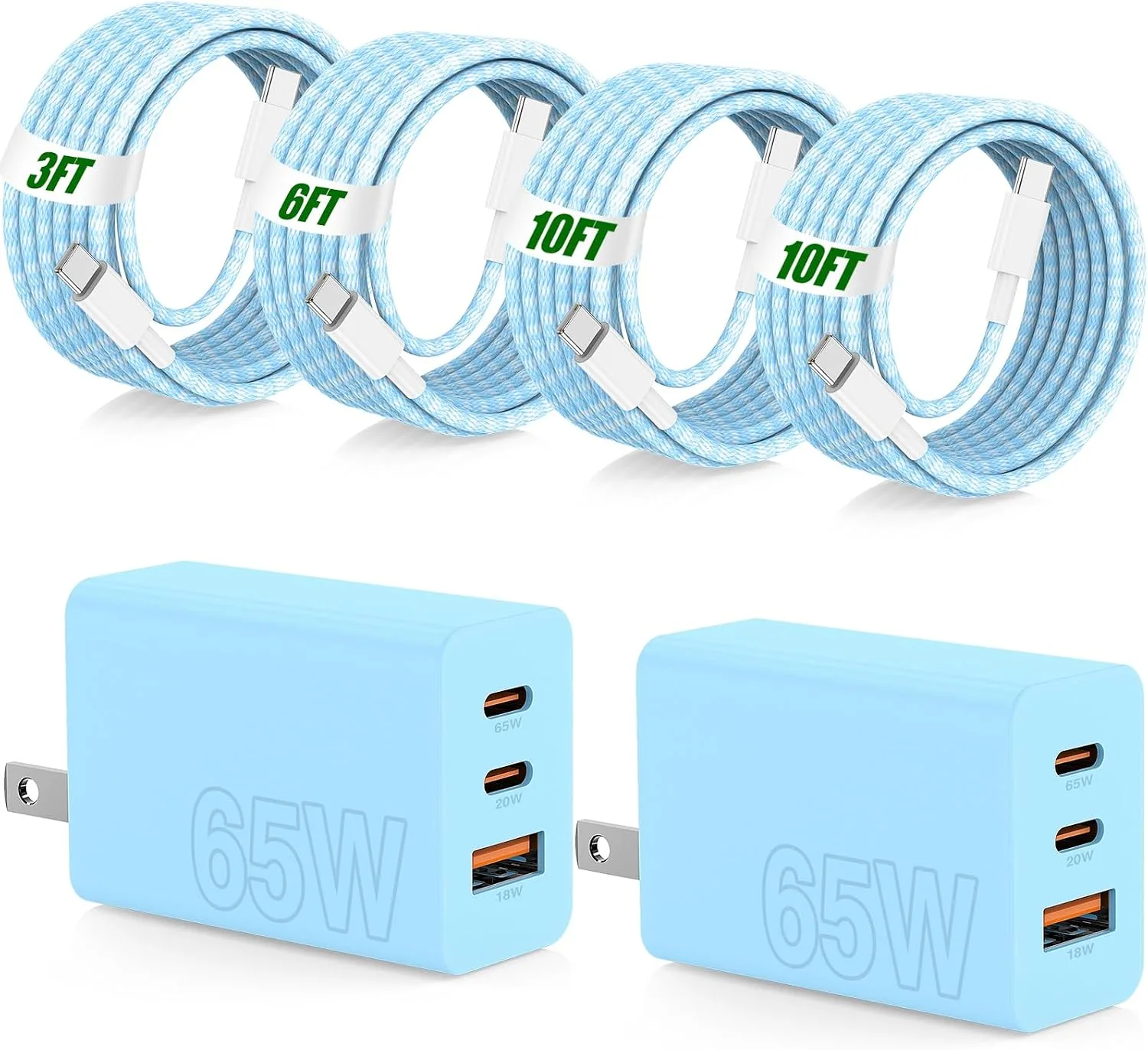 65W Super Fast Charger Type C for Samsung,3 Port 100W Quick Charging 3.0 USB C Block & 3/6/10/10FT Braided Type C Cord for Samsung Galaxy S26 Ultra/S26/S25 Ultra/MacBook Air/iPhone 17 18 Pro-Blue