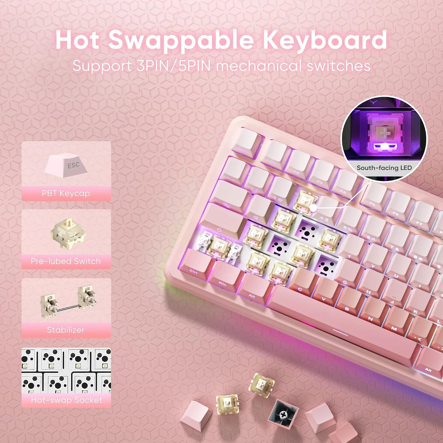 RedThunder K75 Wireless Mechanical Gaming Keyboard, 75% Hot Swappable Creamy Keyboard with Knob, RGB Backlit, Pre-lubed Switches, Side Engraved PBT Keycaps, Wireless/Wired/BT5.0, Gradient Sakura Pink