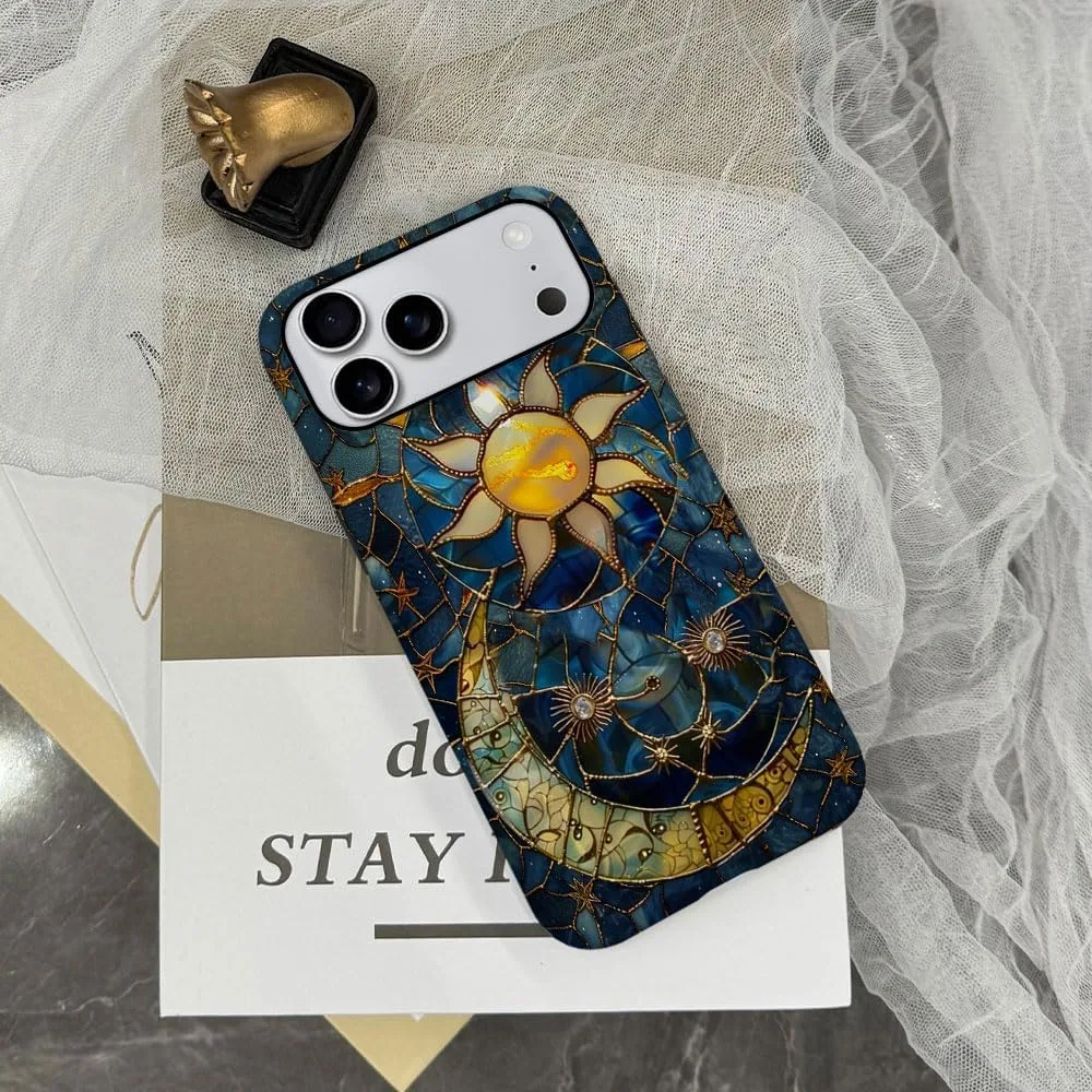 Case Compatible with iPhone 18 Pro Max/iPhone 17 Pro Max,Fall Prevention Hybrid 2-Layer Hard Shell Phone Cover for Girls Boys,Sun Moon Celestial Glass