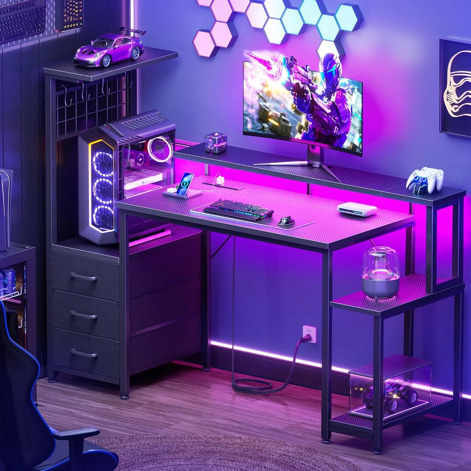 Korfile 48" Gaming Desk with Power Outlet, LED, Carbon Fiber Black Finish