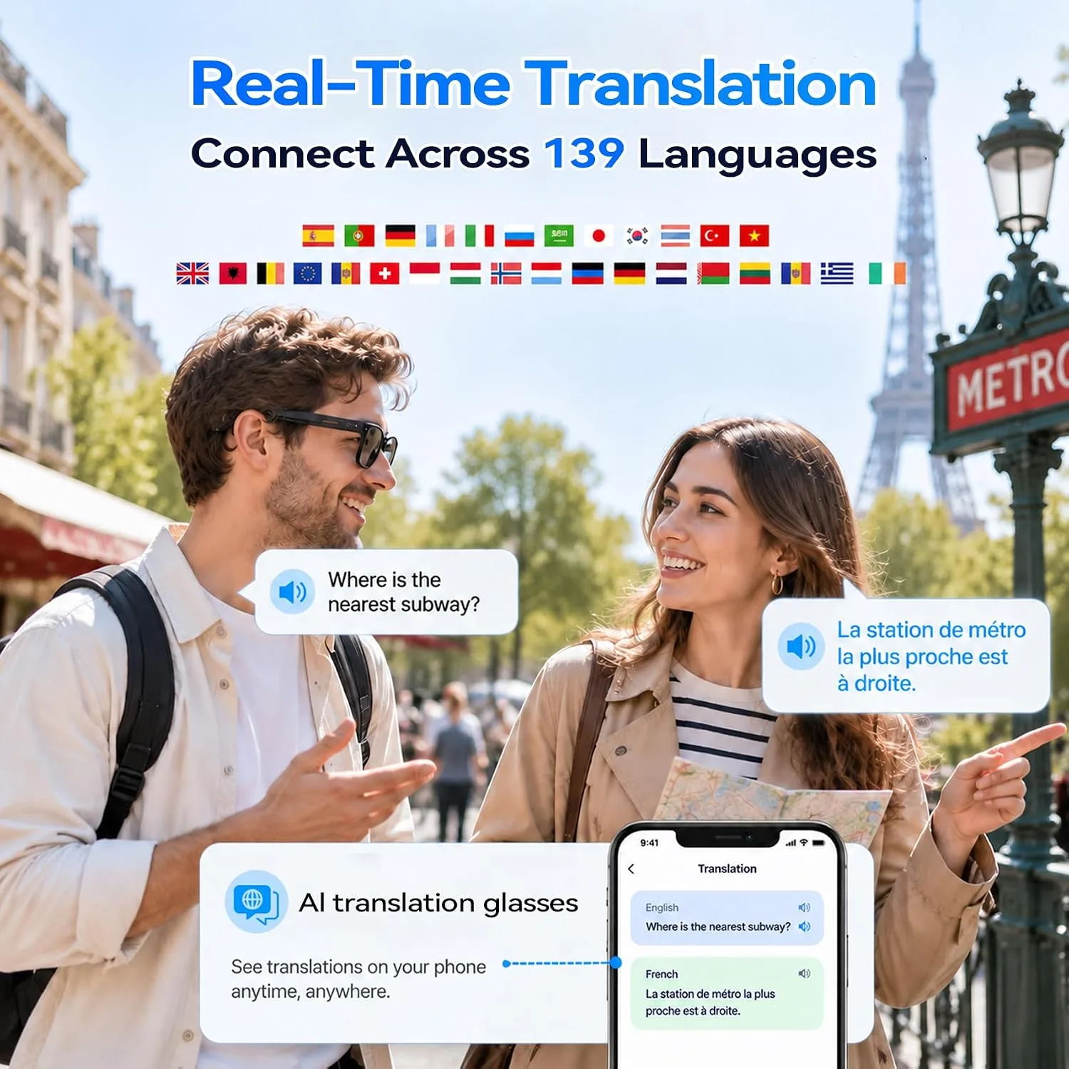 Blackview BV300 AI Smart Glasses with HD Camera, Real-Time Translation