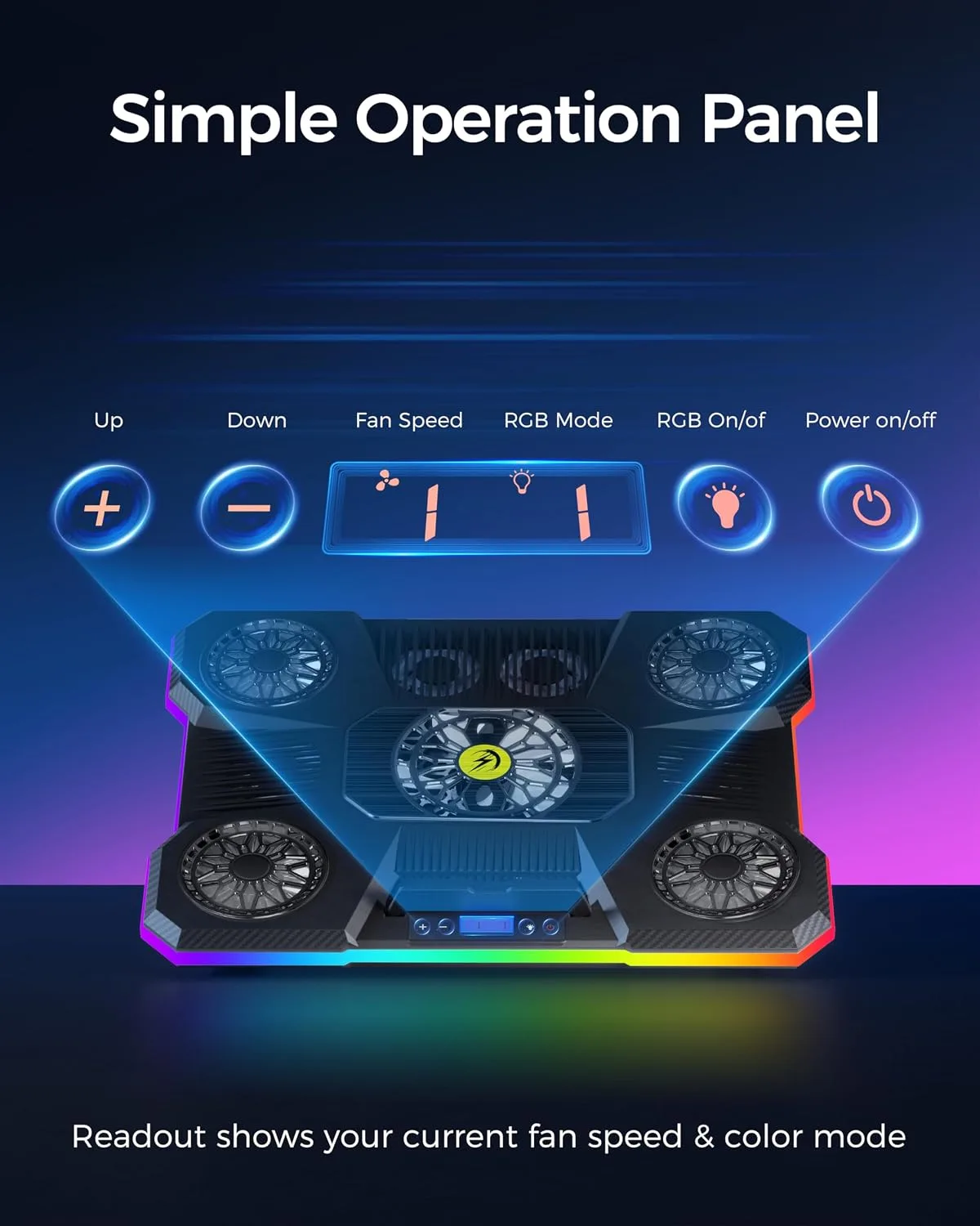 ChillCore Laptop Cooling Pad, RGB Lights Laptop Cooler 9 Fans for 15.6-19.3 Inch Laptops, Gaming Laptop Fan Cooling Pad with 8 Height Stands, 2 USB Ports - A21 Blue