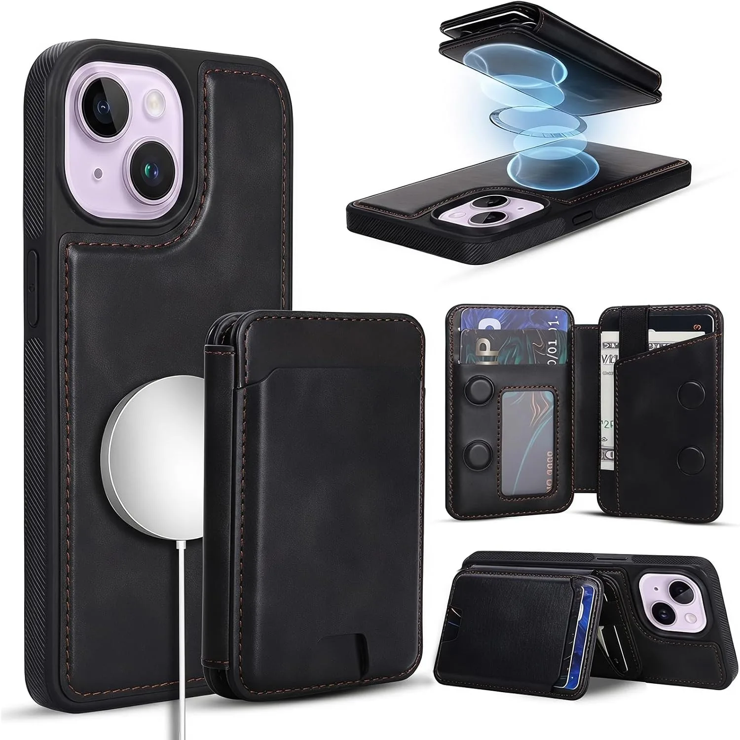 Magnetic Detachable Wallet Case for iPhone 15 with Kickstand,2-in-1 MagSafe Compatible RFID Blocking Card Holder,Slim PU Leather Cover Black