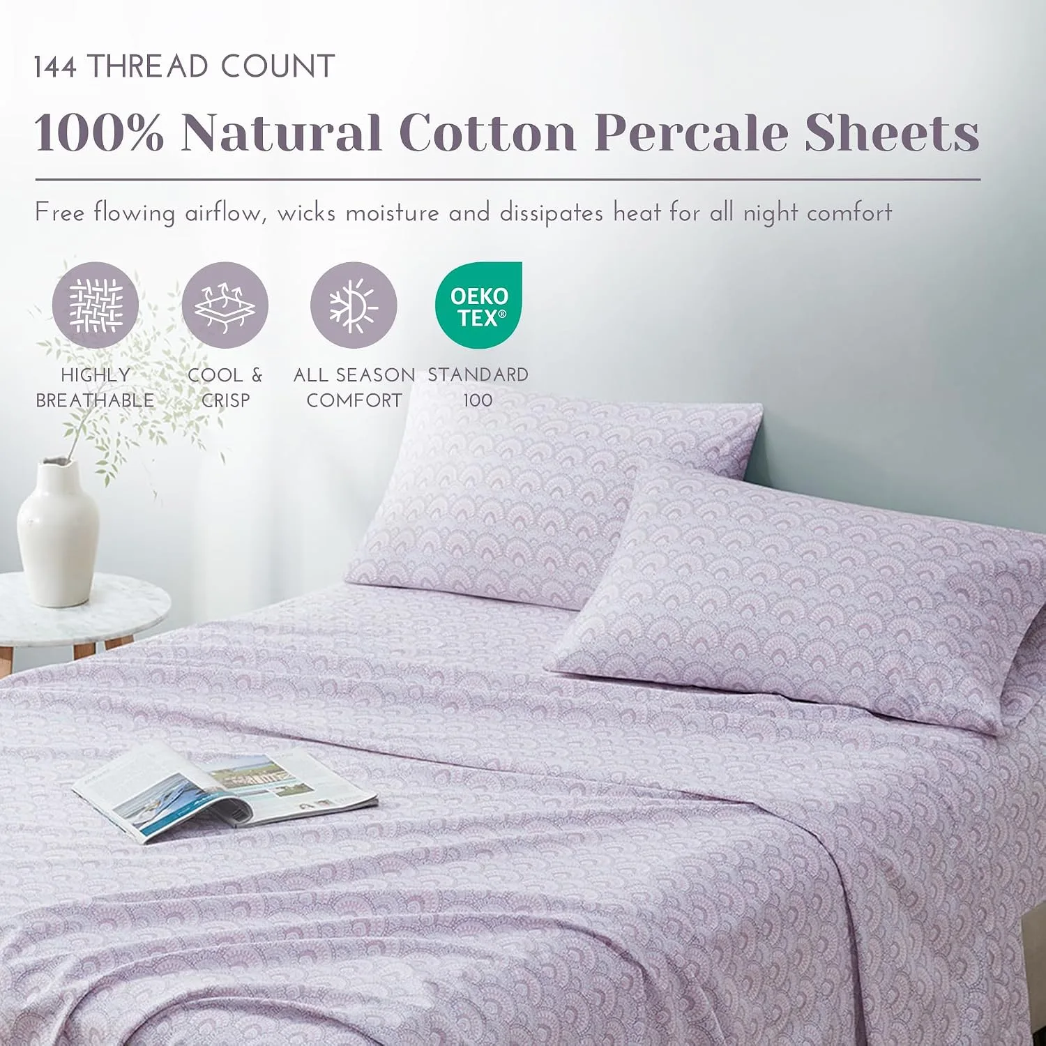 Comfort Spaces 100% Cotton Percale Sheets Queen Size 4 Pcs, Tabitha Purple