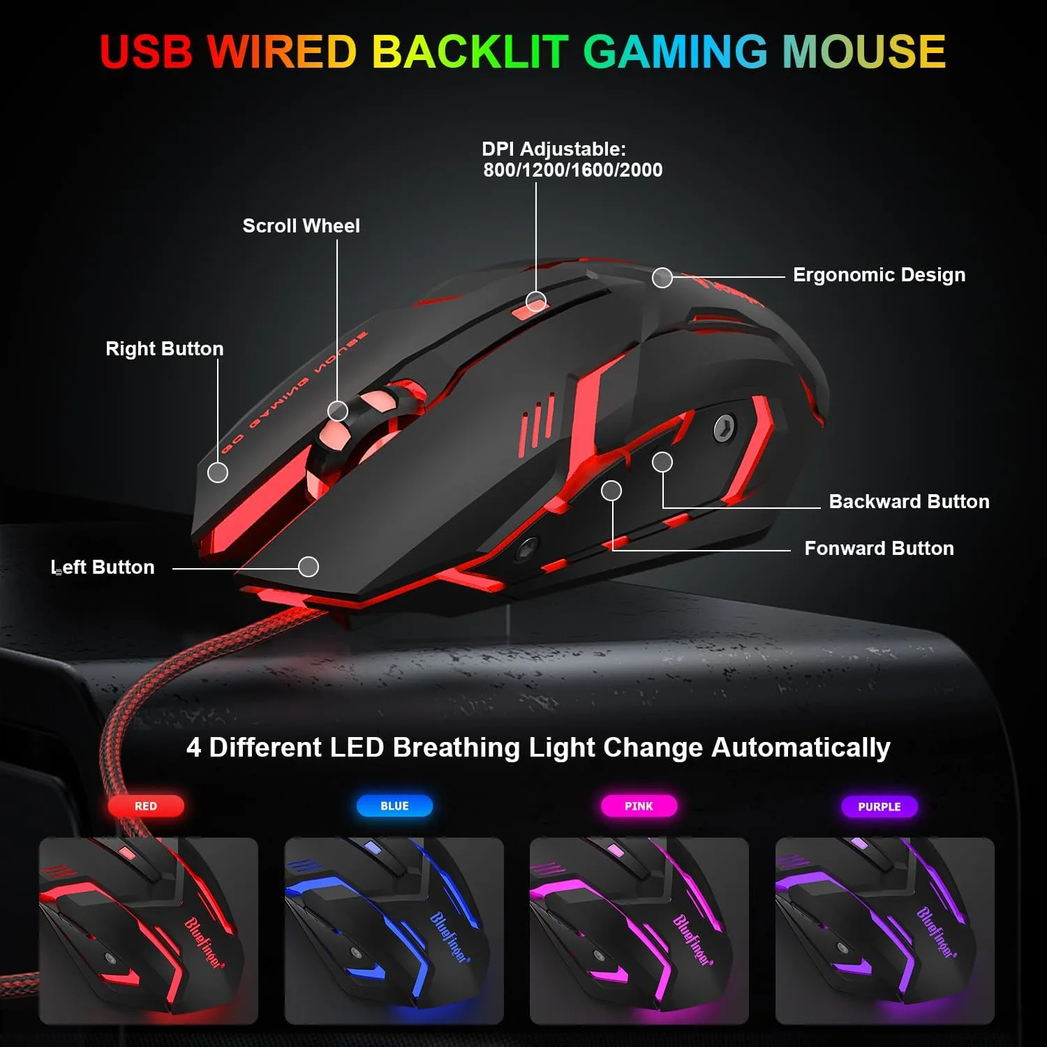 BlueFinger RGB Gaming Keyboard and Backlit Mouse Combo, USB Wired, LED Gaming Set for Laptop PC Computer Game and Work (Black & White)