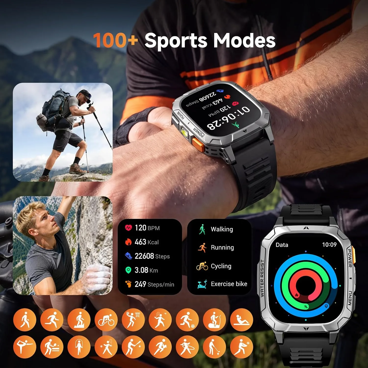 Smart Watches for Men, 1400mAh Military Smart Watch with LED Flashlight, 2.01" Fitness Tracker, Bluetooth Call, 100+ Sports, Heart Rate SpO2 Sleep, IP68, Smart Watch for Android Phones & iPhone