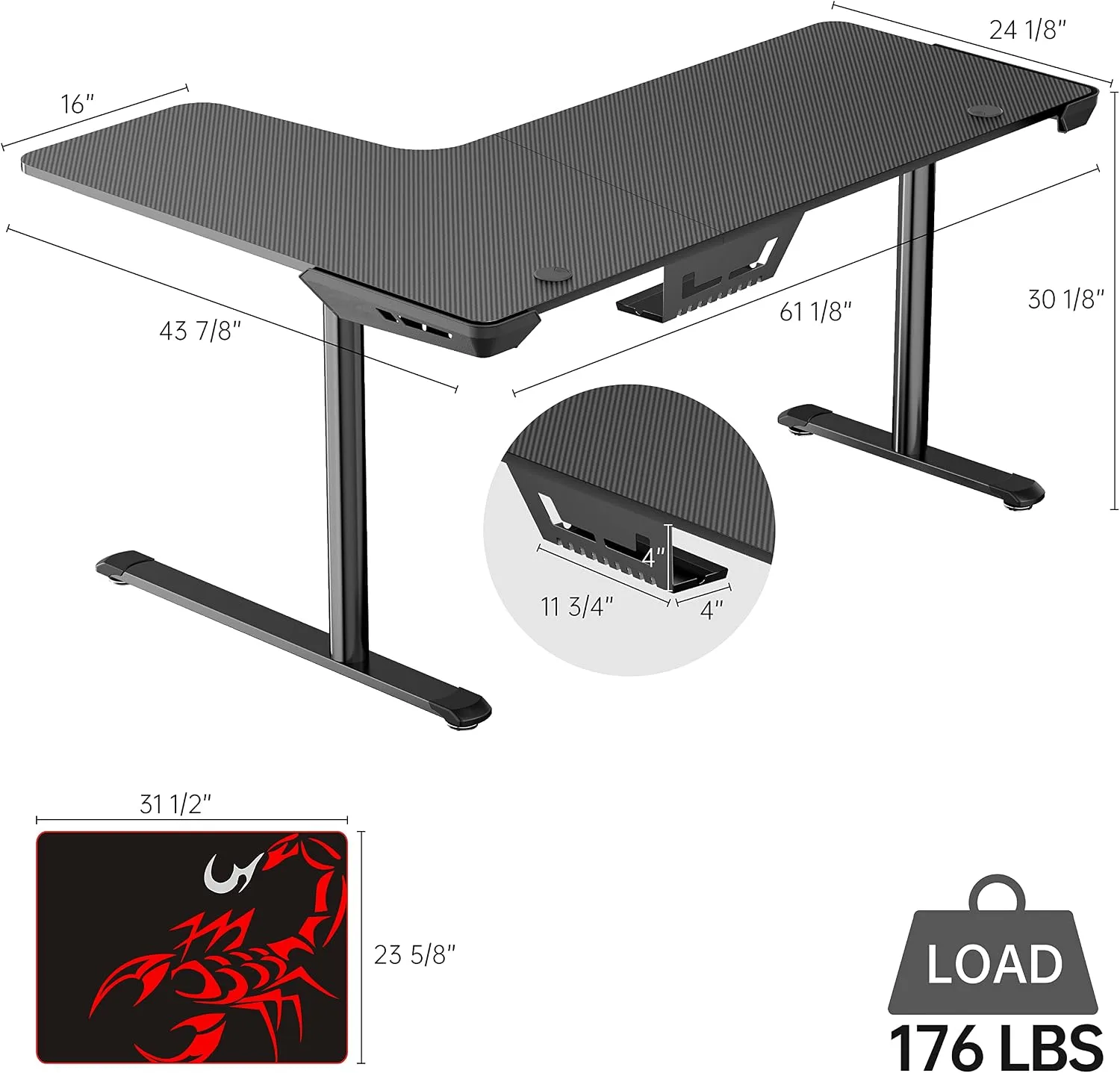 EUREKA ERGONOMIC Gaming Desk, 60 Inch L-Shaped Computer Desk, Right, Black