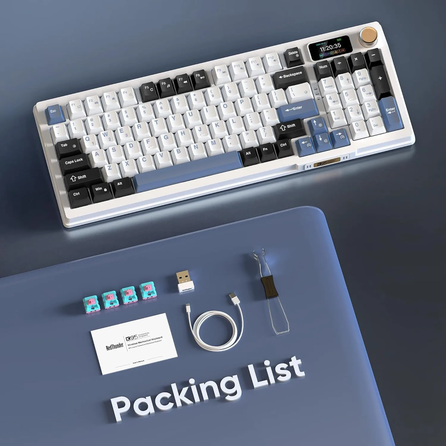 RedThunder K95 Wireless Mechanical Keyboard, TFT Screen & Knob, Tri-Mode BT5.0/2.4GHz/USB-C Hot Swappable Custom, Pre-lubed Linear Switches, Gasket Structure, RGB Gaming Keyboard, Snowy White-Blue