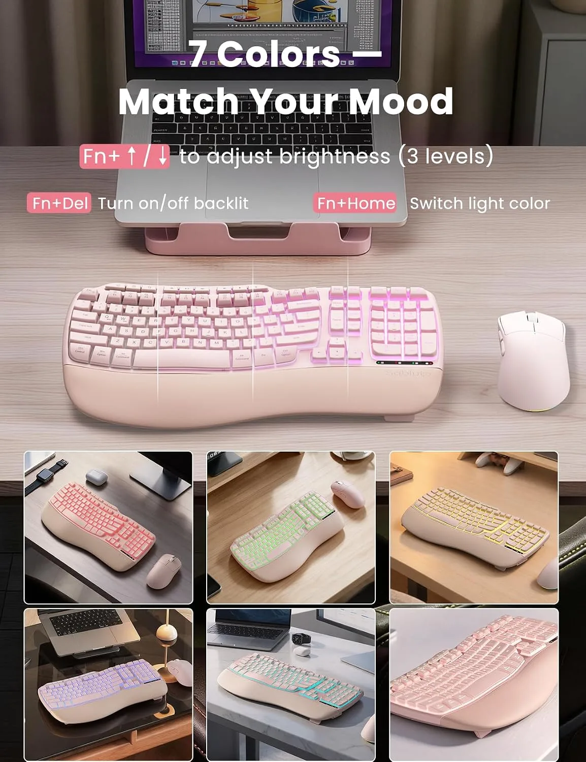 Pink Ergonomic Wireless Keyboard and Mouse Combo, Rechargeable 4000mAh Backlit Keyboard with Soft Faux Lambskin Palm Rest, Wave Keys for Natural Typing, Compatible with Windows/Mac/Chrome OS
