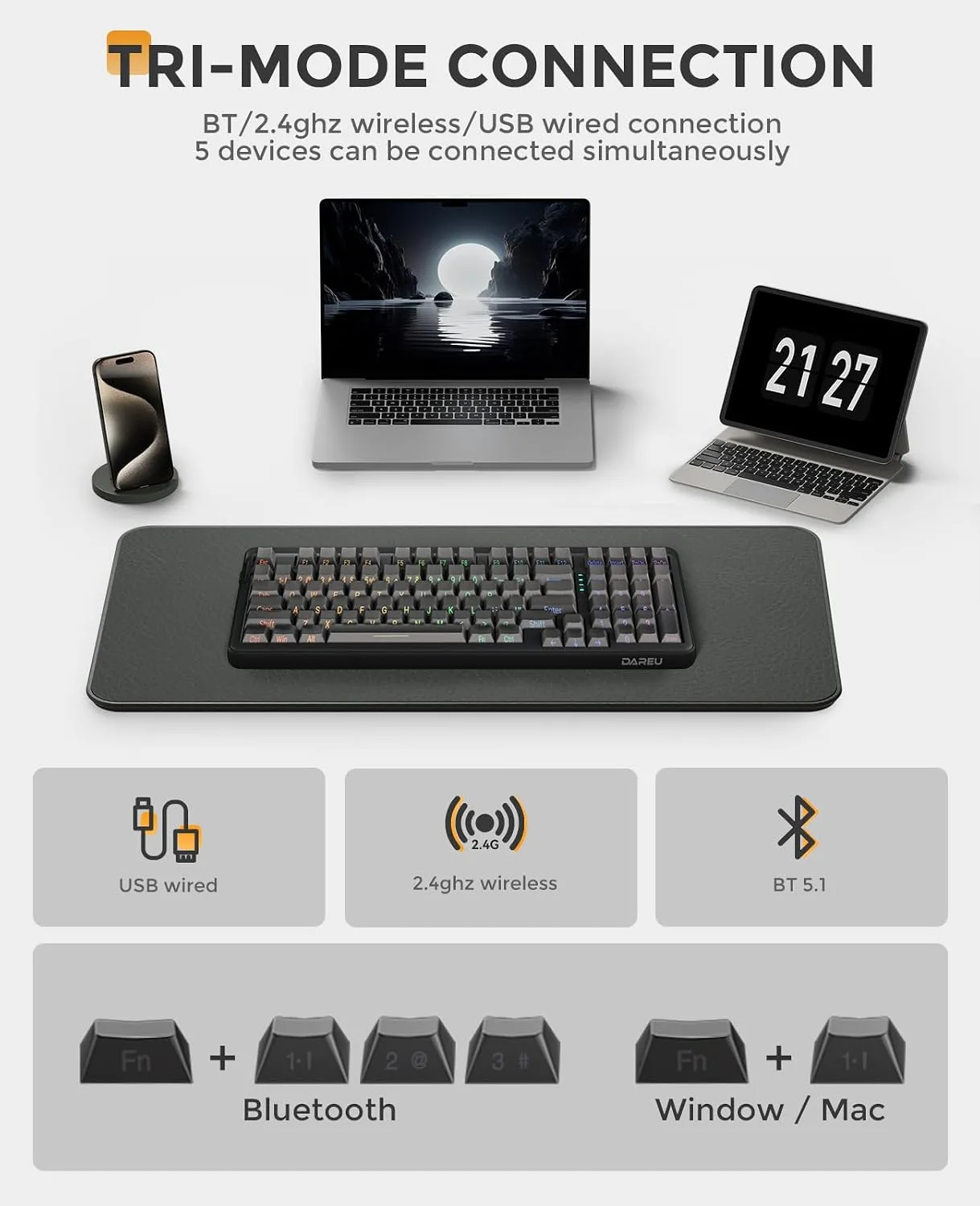 DAREU EK98PRO Wireless Mechanical Keyboard, Gasket Hot Swappable Custom, Pre-lubed Linear Switches, Side Printed PBT Keycaps, BT5.0/2.4GHz/USB-C, RGB Backlit Gaming Keyboard for Win/Mac