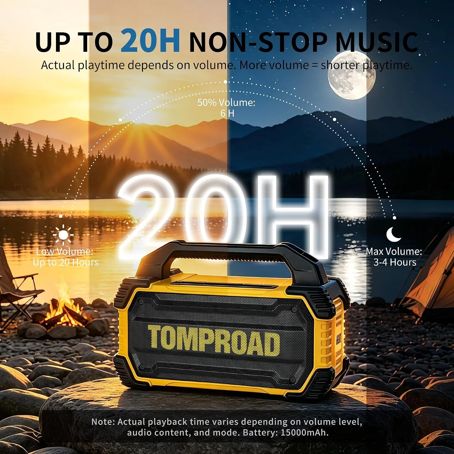 Outdoor Bluetooth Speaker, 160W, Loud, IPX6 Waterproof, 20H, TWS, Yellow
