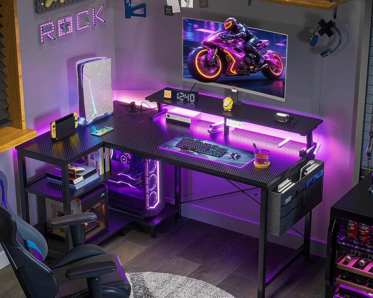 ODK 40 Inch L Shaped Gaming Desk with LED Lights, Power Outlets, Black