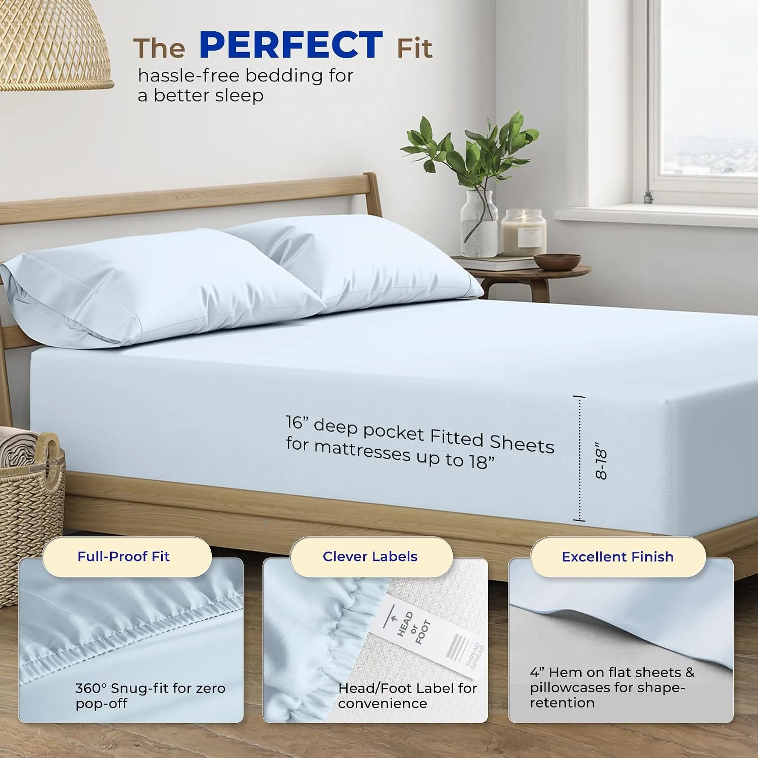 THREAD SPREAD Egyptian Cotton Sheets King Size - Luxury 600 Series King Size Sheets Set (4 PC, Light Blue), 16" Deep Pocket All Around Elastic, Soft, Cooling, Sateen, Durable Hotel Bed Sheet Sets