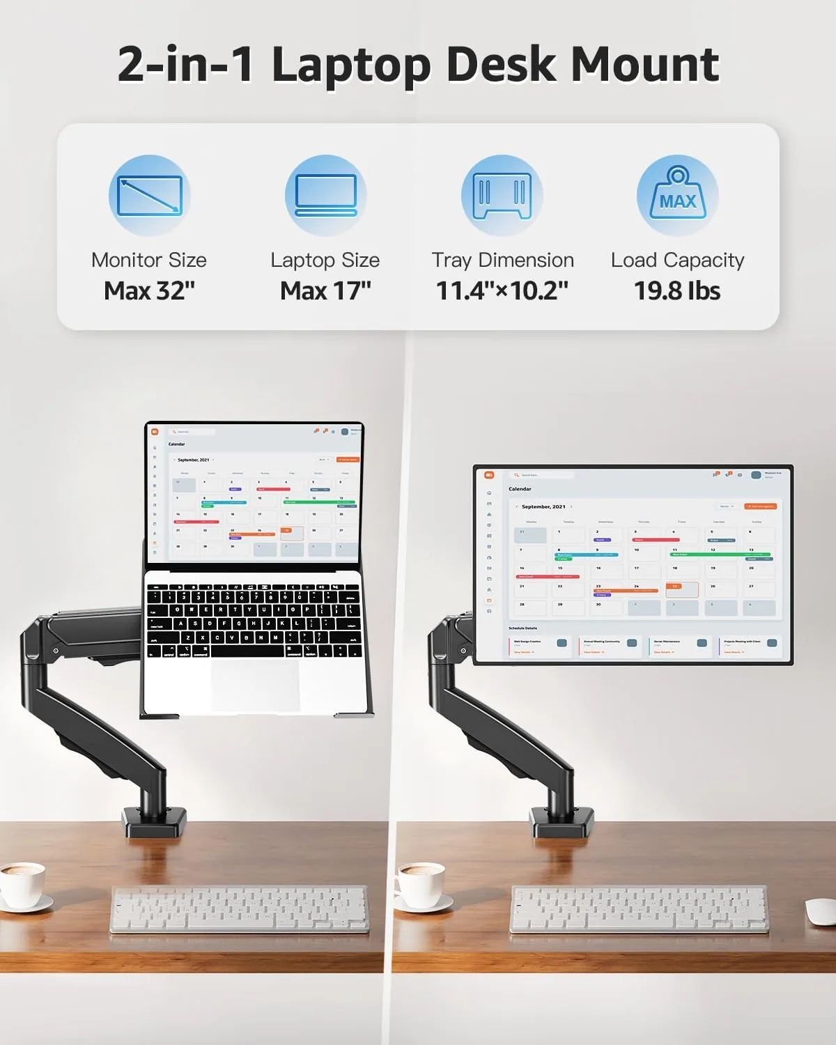 MOUNTUP Laptop Stand for Desk, Adjustable Aluminum Laptops Arm Mount for 14-17 Inch Notebook & 32" Monitor, Laptops Arm for Desk Support for 4.4-19.8lbs, 2-in-1 Laptop Desk Mount with Clamp/Grommet