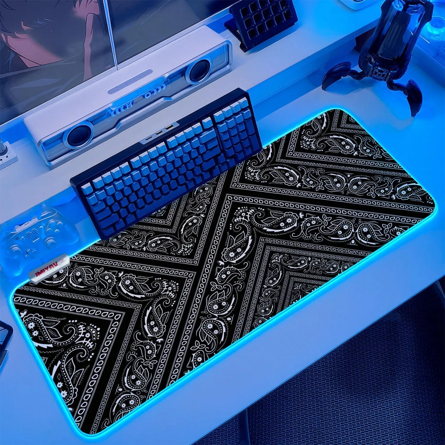 JMIYAV White Gaming Mouse Pad RGB Mousepad 31.5x12In Non-Slip Rubber Base Extra Large Cool XL XXL Computer Desk Pad Gaming Accessories Setup LED Light Up Big Mouse Pad for Gamer Black Obsidian Weave