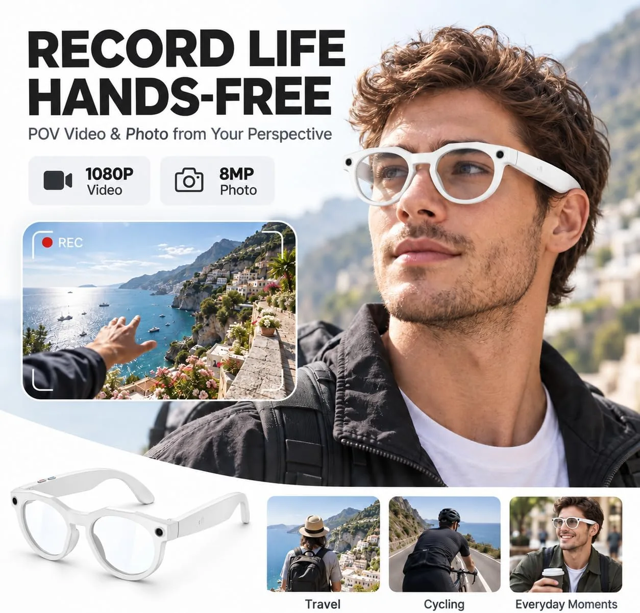 AI Smart Glasses with Camera: POV Vlogging Capture & Open-Ear Audio