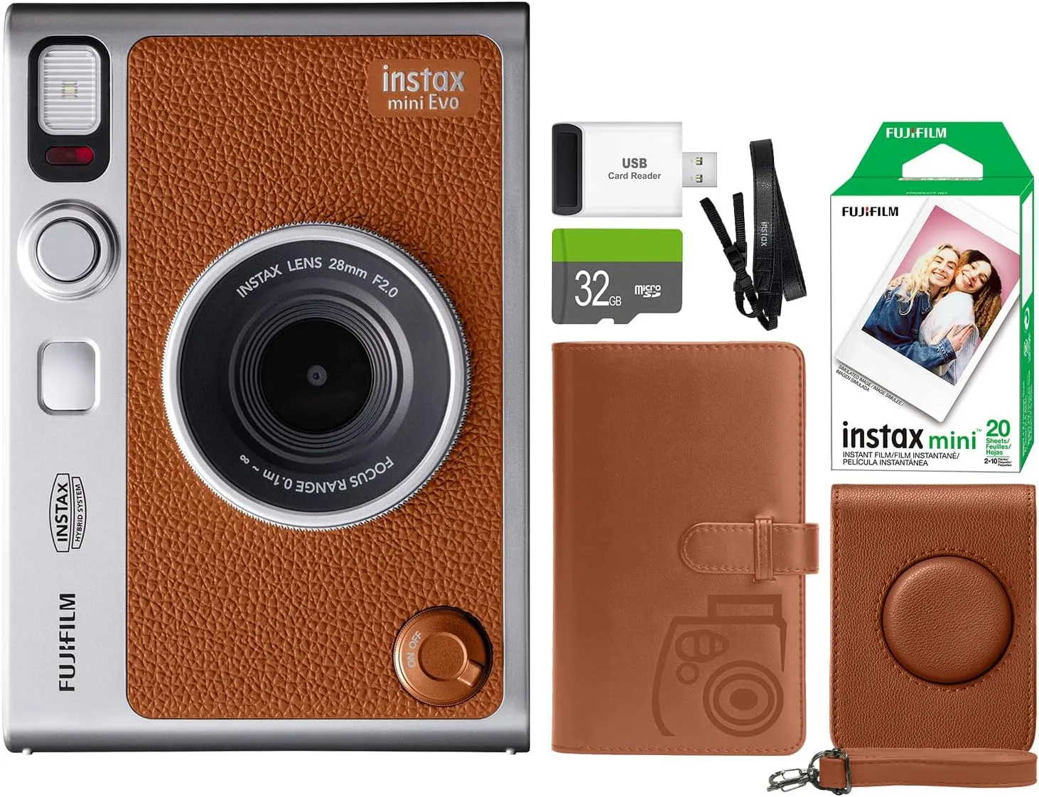 FUJIFILM INSTAX Mini EVO Hybrid Instant Camera + Fuji Instax Film 20 Sheet + Custom Case & Album 32GB Accessory Bundle (Black)