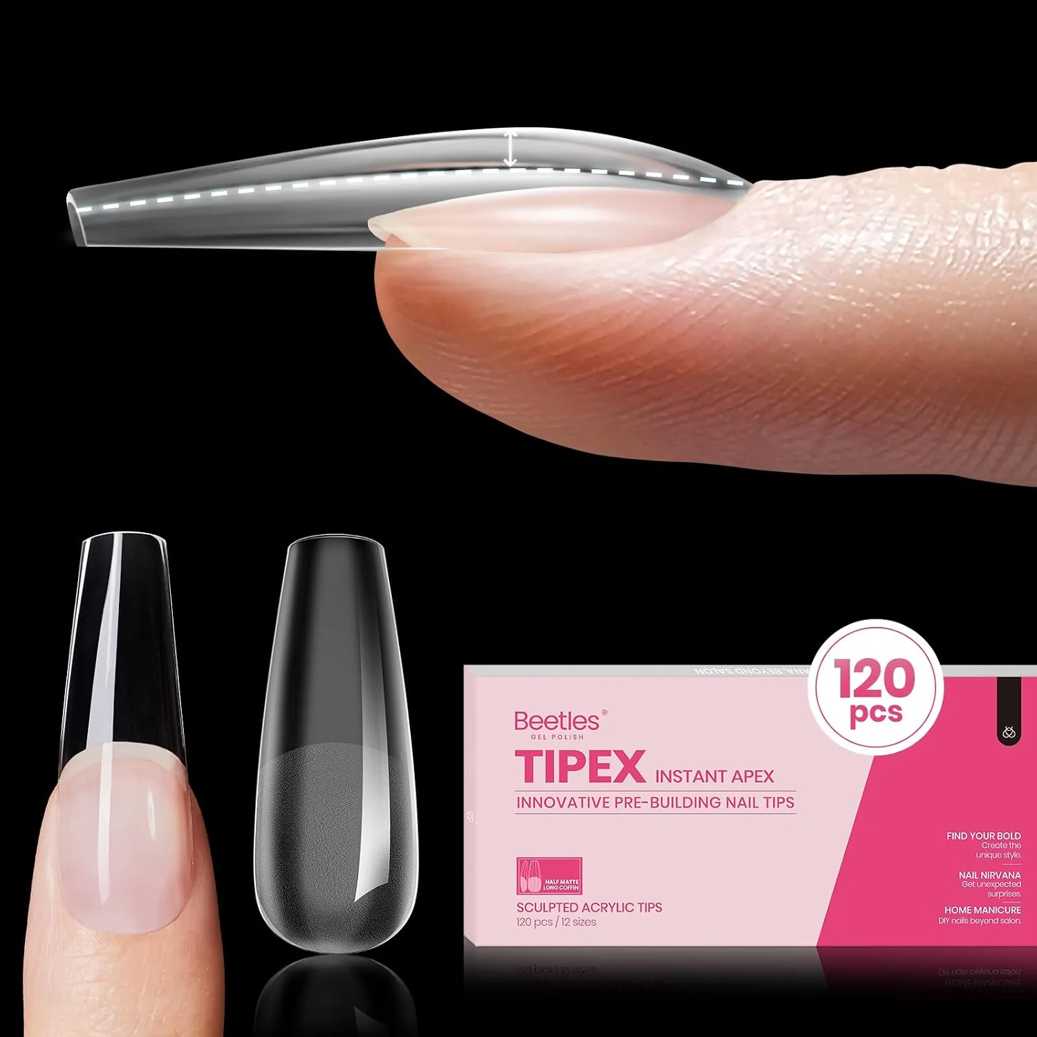 Tips para uñas Beetles Tipex Instant Apex, Coffin largo, 120 piezas 12 tamaños