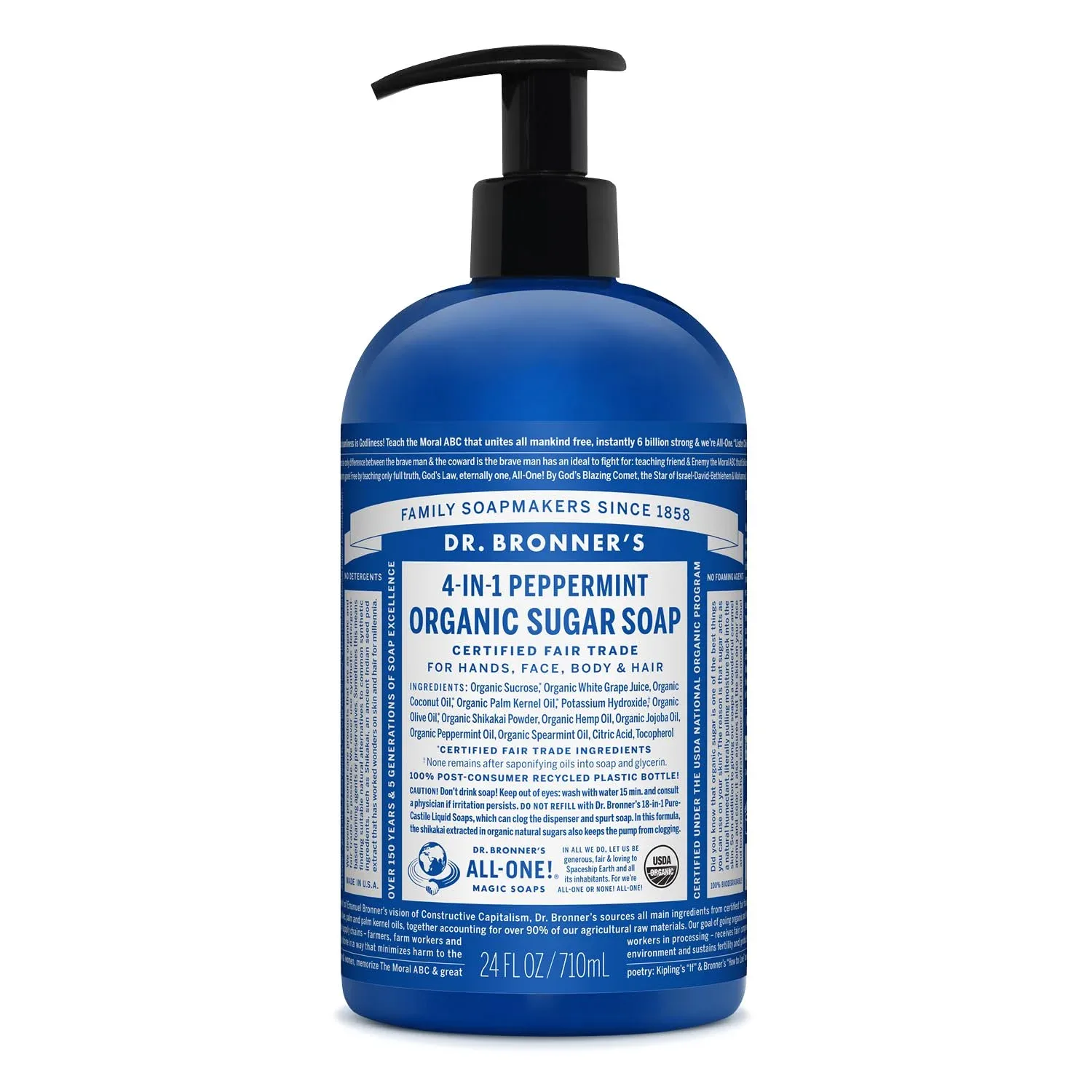 Dr. Bronner's - Organic Sugar Soap (Peppermint, 24 Ounce) - Made with Organic Oils, Sugar & Shikakai Powder, 4-in-1 Uses: Hands, Body, Face & Hair, Cleanses, Moisturizes & Nourishes, Vegan