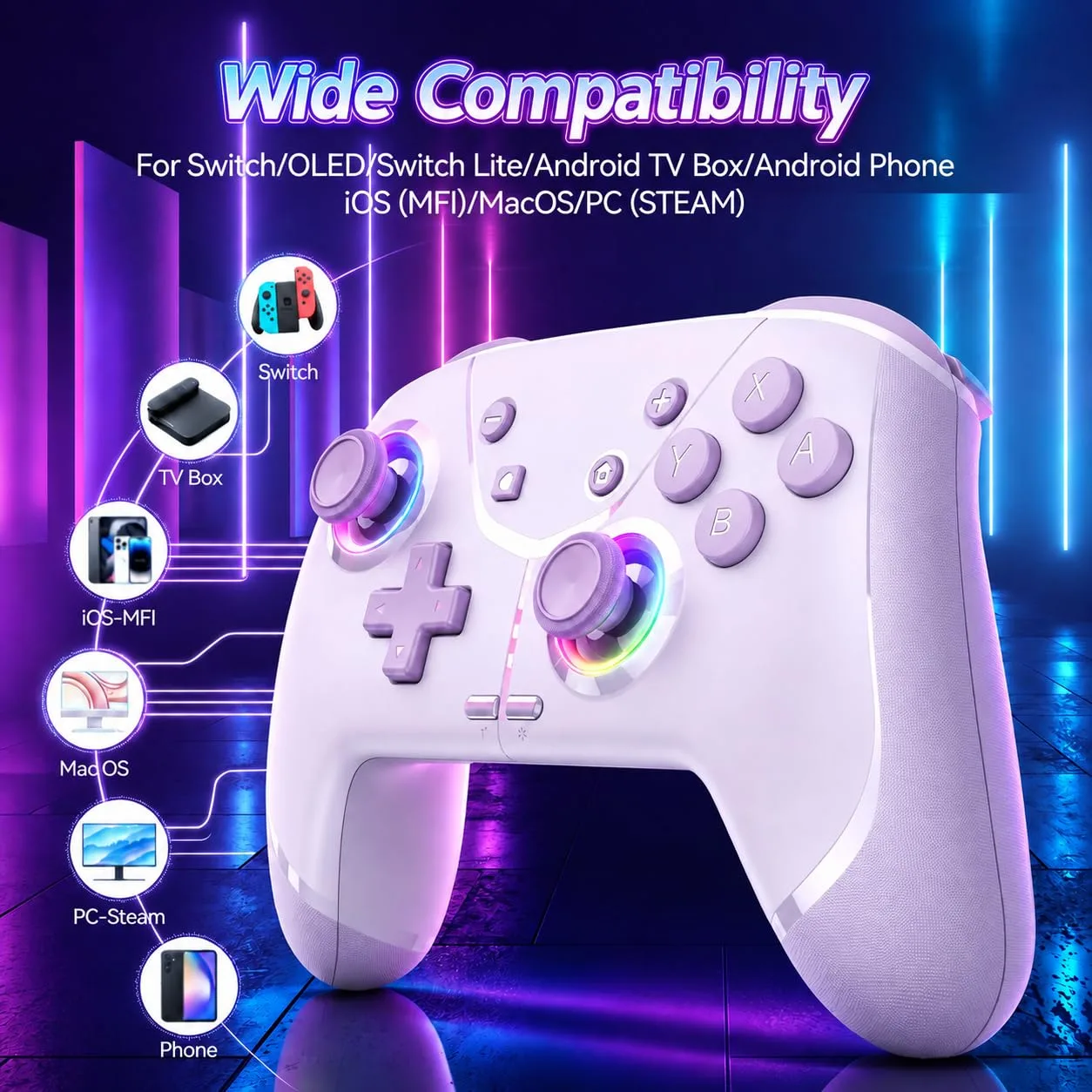 Switch Controller, Wireless Pro Controller for Nintendo Switch 2/Switch/Lite/OLED, Bluetooth controllers Compatible with iPhone/Mac/iPad/iOS/Android/Phone/PC/Steam and TV with Programming/RGB4/Vibration / 3 Turbo Modes/6-Axis/Motion (Purple)