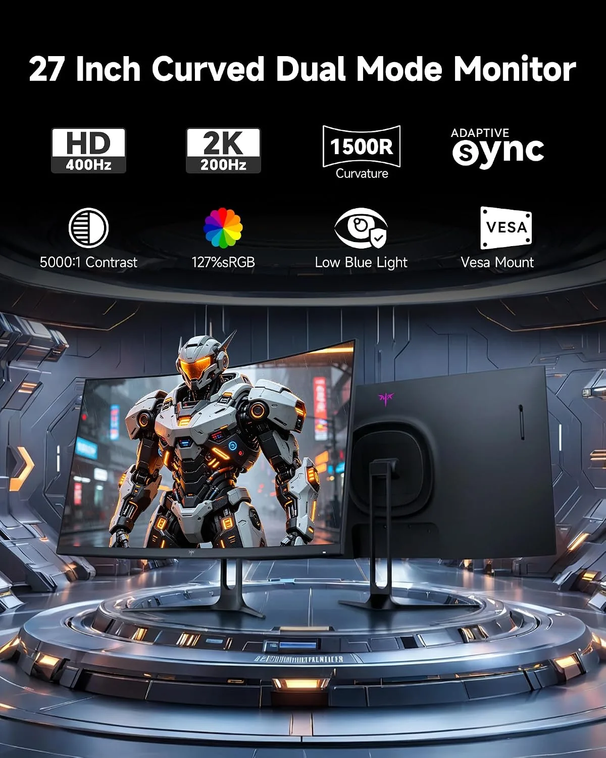 KTC H27S5 27 Inch Curved Gaming Monitor, QHD 2K 200Hz / HD 400Hz Dual Mode