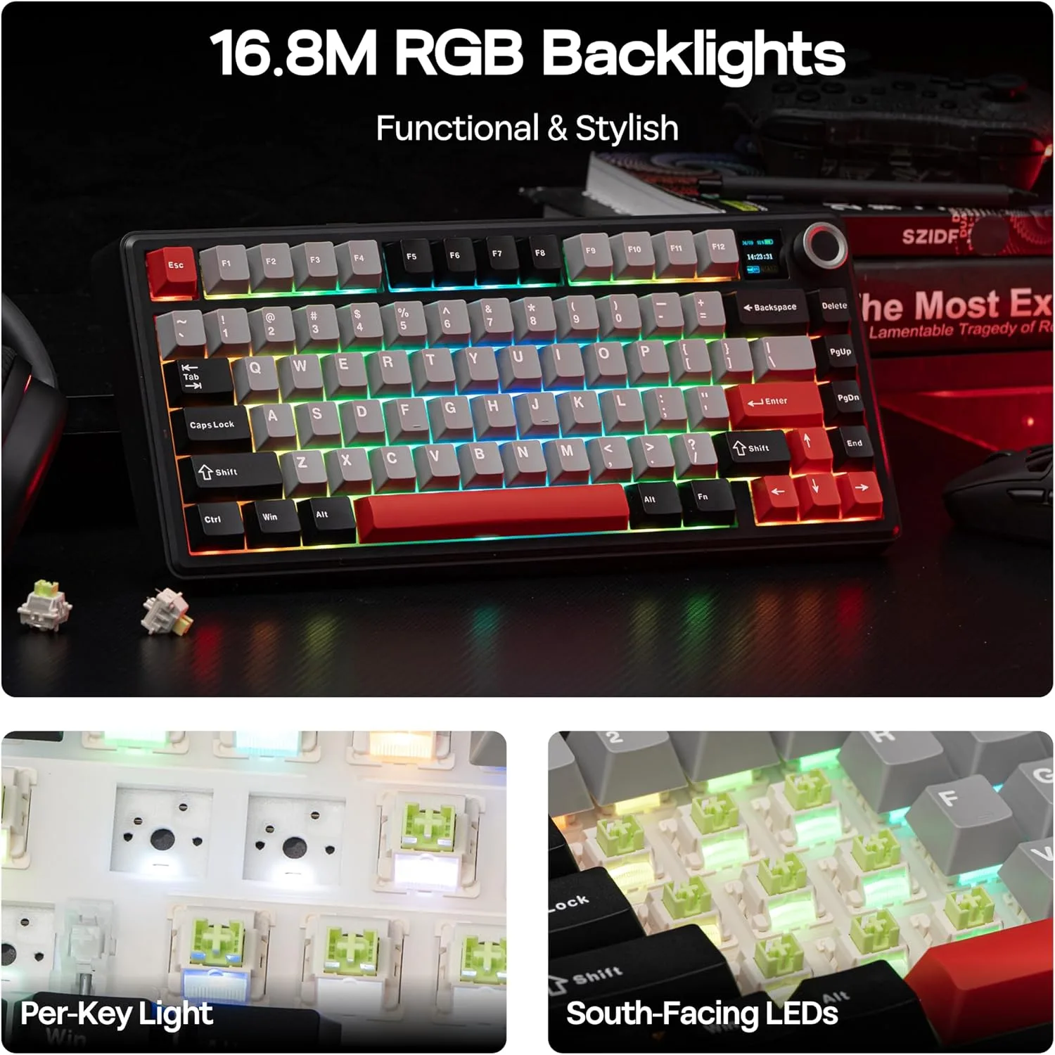 MechLands Aula F75 MAX Wireless Gaming Keyboard with Screen & Knob, 75% Hot Swappable Mechanical Keyboard with Creamy Gasket, RGB Backlits, NKRO for Win/Mac/Linux (Black Red)