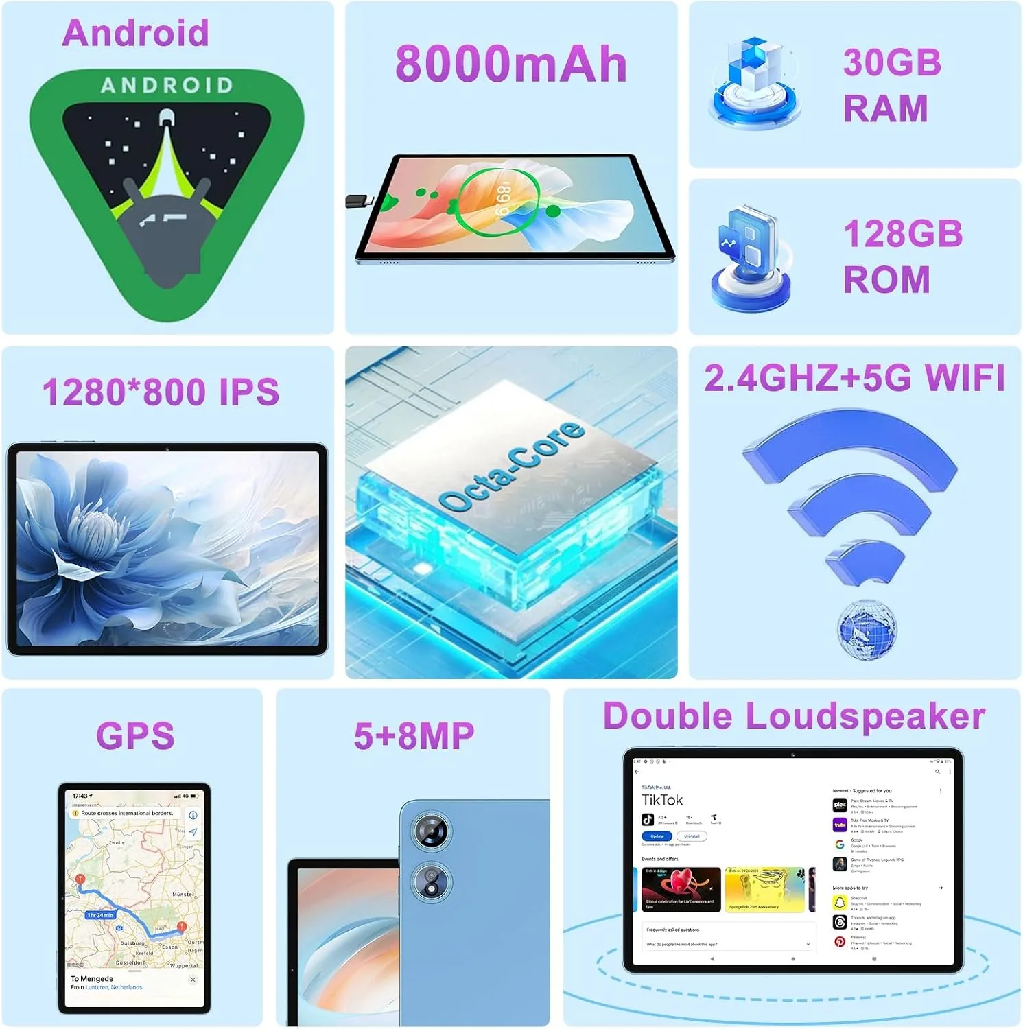 2026 Tablet 10 Inch Android Tablet with Keyboard, 30GB+128GB+1TB Expand | Gemini AI Octa-Core Electronics Tablets, 2-in-1 Tablets PC, 5G WiFi, 8000mAh, Widevine L1, GPS, Metal Body - Blue Case
