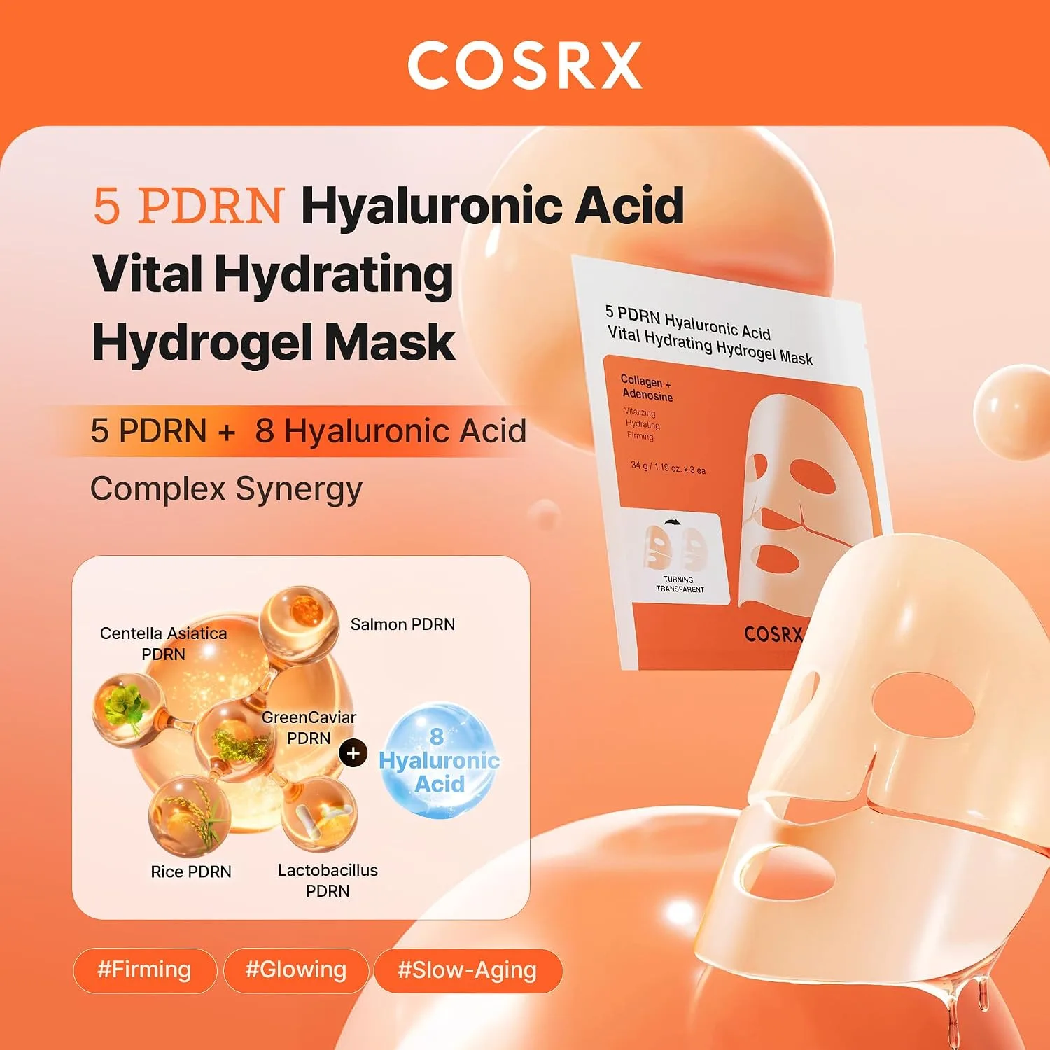 COSRX 5 PDRN Hyaluronic Hydrogel Face Mask, Glass Skin Glow, 34g x 3EA
