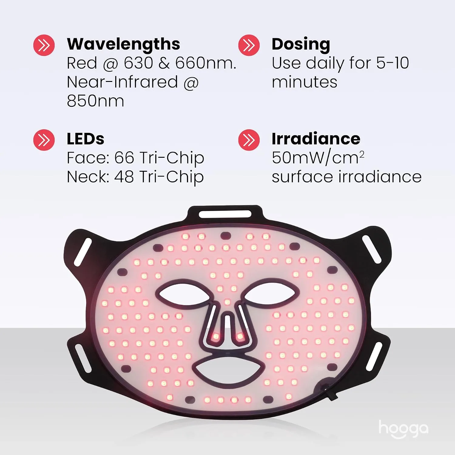Hooga Red Light Therapy Mask – LED Face & Neck Light Therapy Mask Set, 630nm 660nm Red & 850nm Near Infrared, Tri Chip LEDs, Rechargeable, Adjustable Comfortable Fit