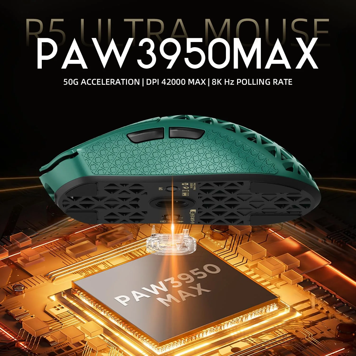 ATTACK SHARK R5Ultra 8K Carbon Fiber Wireless Gaming Mouse, Green&Tape