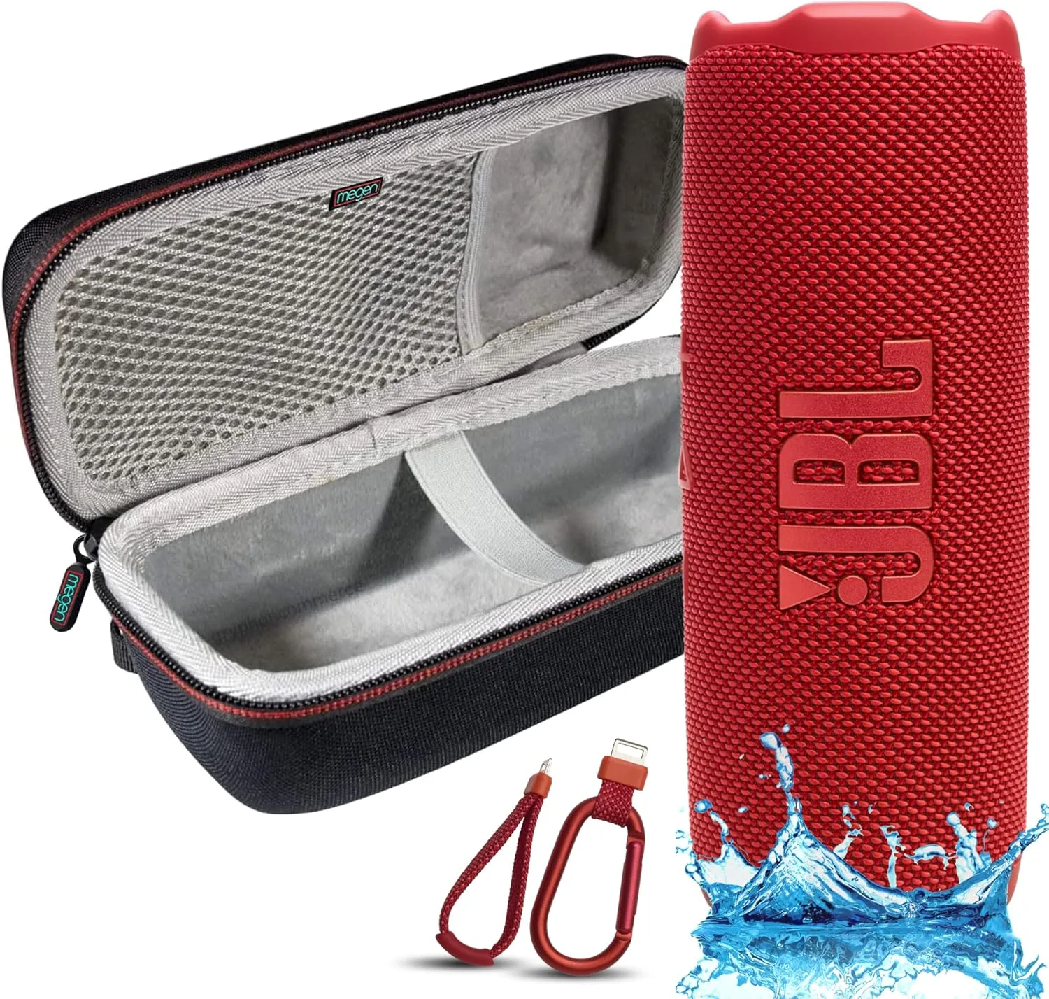 JBL Flip 7 Portable Bluetooth Speaker, IP68 Waterproof, Dustproof, Drop-Proof, PushLock System, AI Sound Boost, 16H Battery, Megen Hardshel Protection Case (Red)