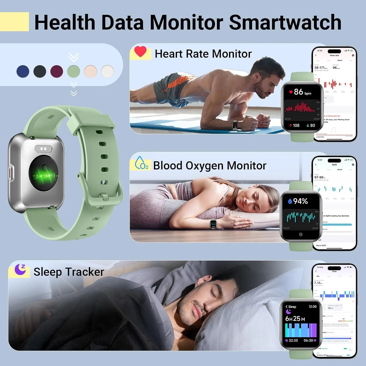 Quican Smart Watches for Women/Men, Smart Watch for Android Phones & iPhone, Fitness Watches for Women with Alexa, Call & Notification Alerts, Tracks Heart Rate/Sleep Smartwatches (Green, 1.8 inches)
