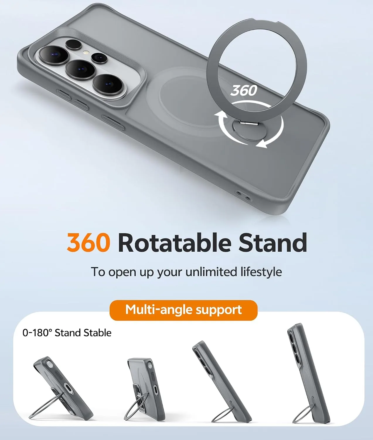 for Samsug Galaxy S26 Ultra Case with 360 Rotatable Magnetic Invisible Stand, [Screen Protector] Fits for MagSafe, Mil-Grade Shockproof Translucent Matte Phone Cover, 6.9", Gray