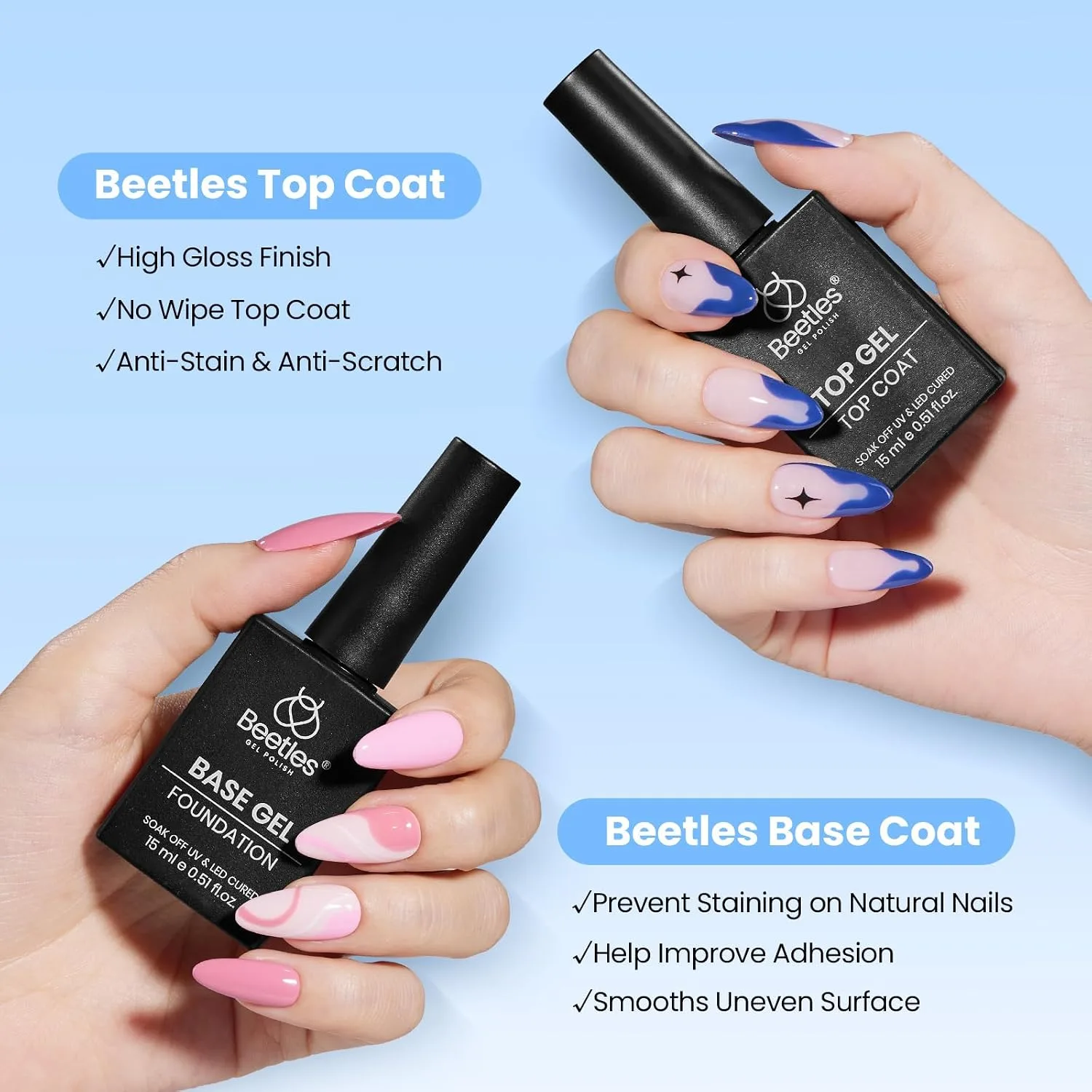 Beetles No Wipe Gel Top Coat and Base Coat Set for Gel Nail Polish