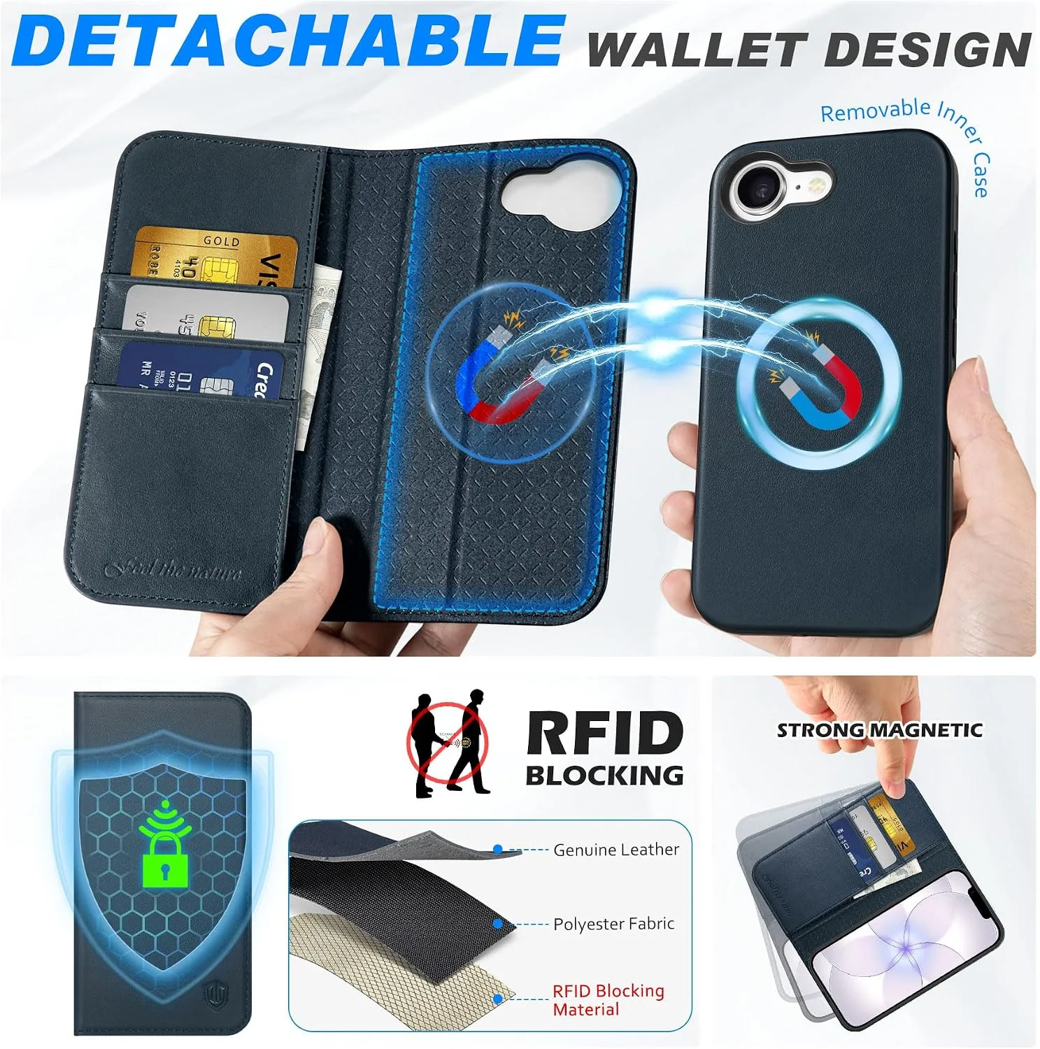 SHIELDON 2 in 1 Genuine Leather Wallet Case for iPhone 17e 6.1", Navy Blue
