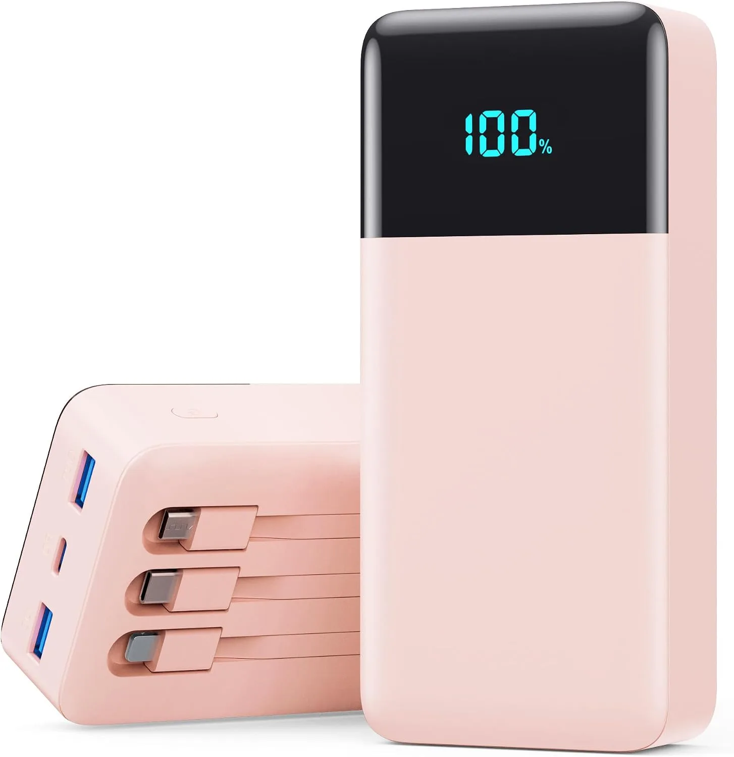 Portable Charger Power Bank 50800mAh,25W USB C Fast Charging Battery Pack with 3 Built in Cables & LED Display,6 Outputs 2 Inputs Travel Essentials Phone Charger for iPhone 18/17/16/15,Android,Pink