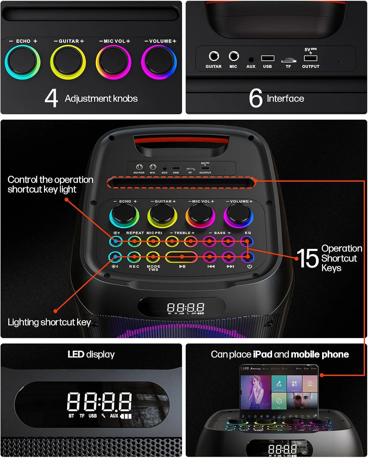 Karaoke Machine, Portable Bluetooth Speaker Bass Boost w/Double 8" Woofer