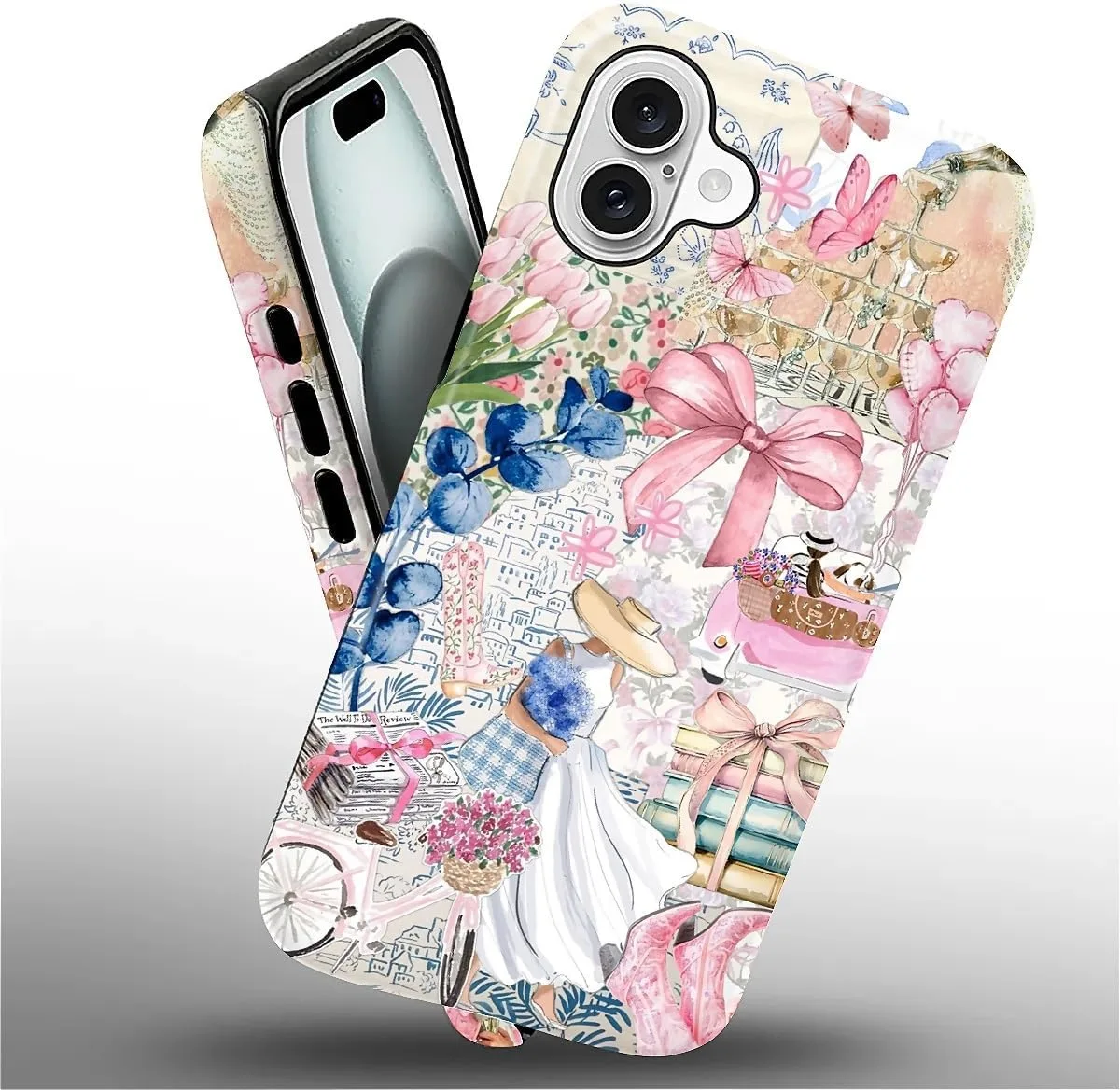 DAIZAG Case for iPhone 16,Mixed 2 Layer Design Shockproof Soft TPU Ddouble Protection Phone Case for iPhone 16-Magazine Books Flower Bow Collage