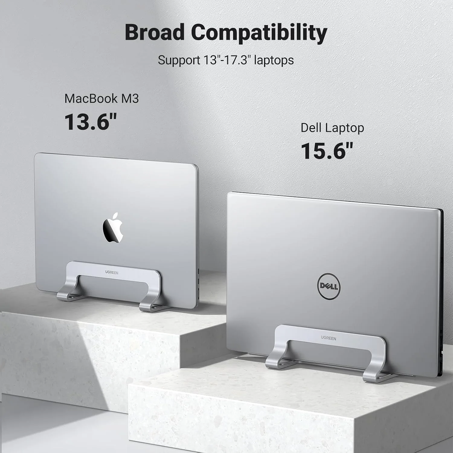 UGREEN Vertical Laptop Stand Holder for Desk Compatible with MacBook Pro, MacBook Air Stand Vertical Aluminum Adjustable for Up to 17.3 Inch Gaming Laptop, Silver