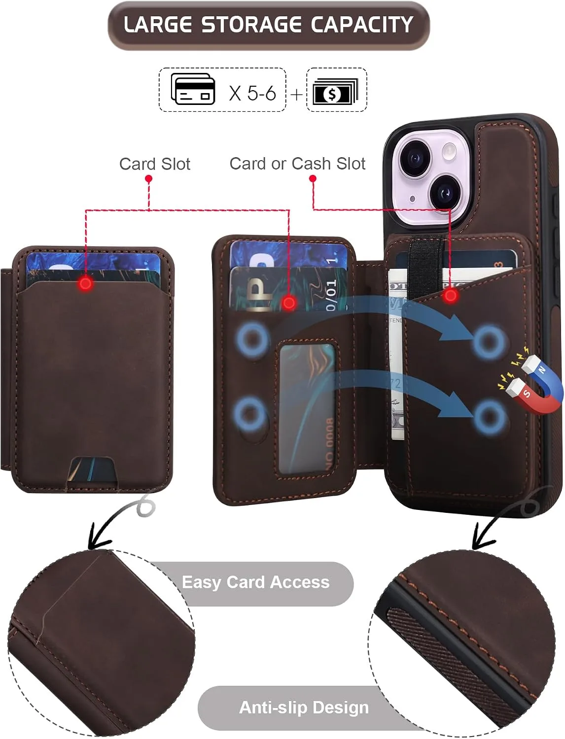 Magnetic Detachable Wallet Case for iPhone 15 with Kickstand,2-in-1 MagSafe Compatible RFID Blocking Card Holder,Slim PU Leather Cover Vintage Brown