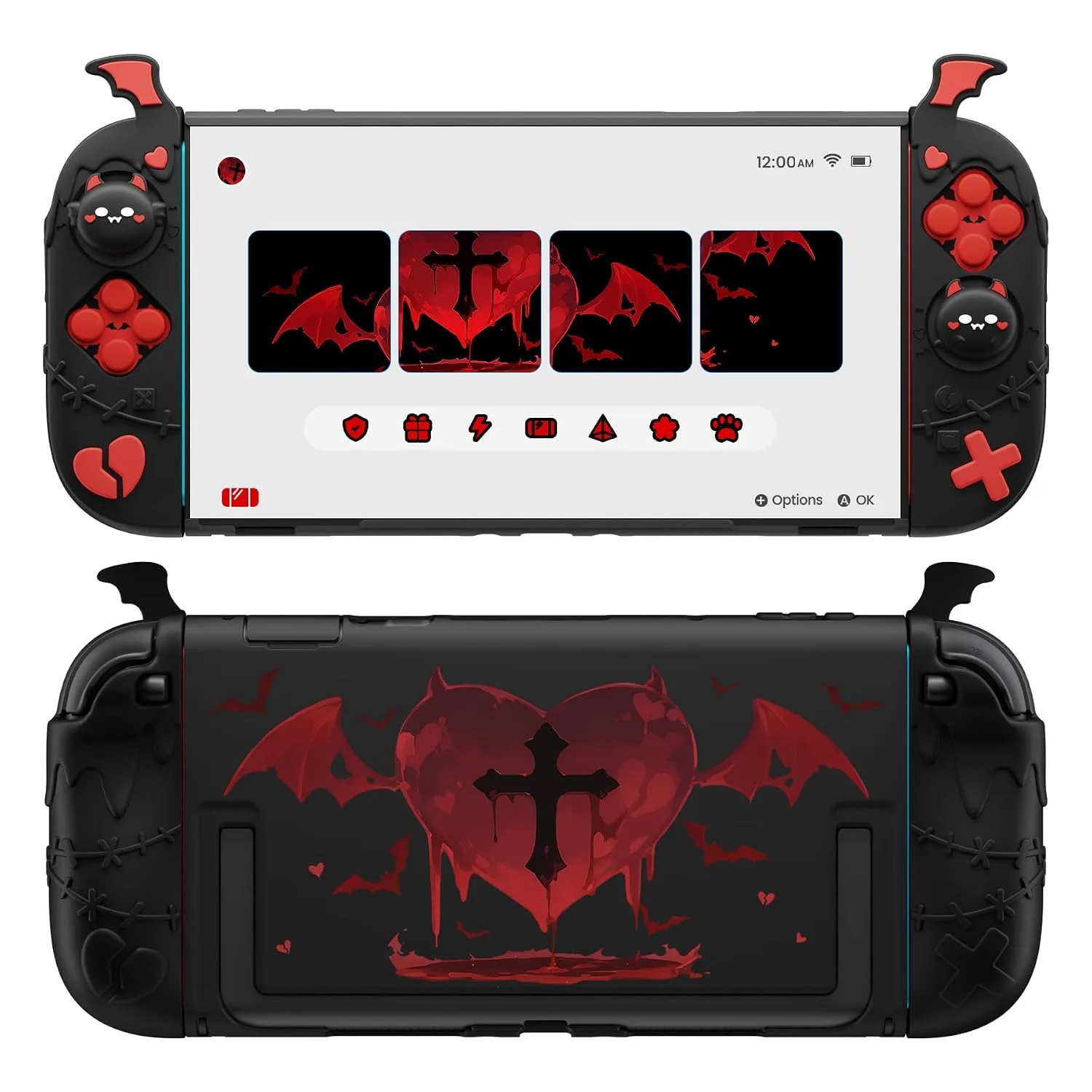 playvital Protective Case for Nintendo Switch 2, Kawaii Gothic Imp Series Silicone Grips + Dockable Hard Case Shell for Switch 2 with Thumb Grips & Sticker, Shockproof Protection Cover - Black