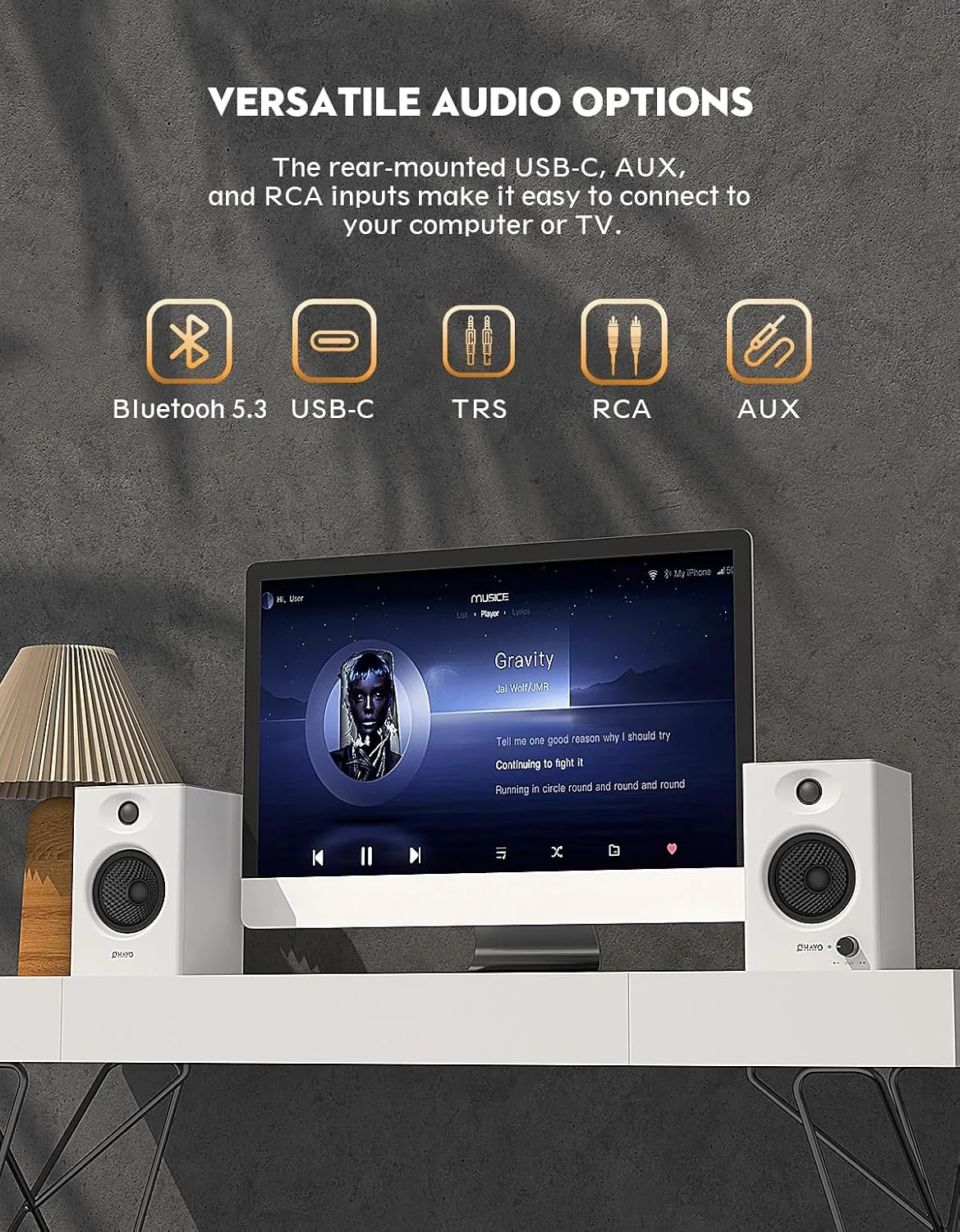 OHAYO 60W Computer Speakers, Bluetooth 5.3, Stereo 2.0, 1 Pair, White