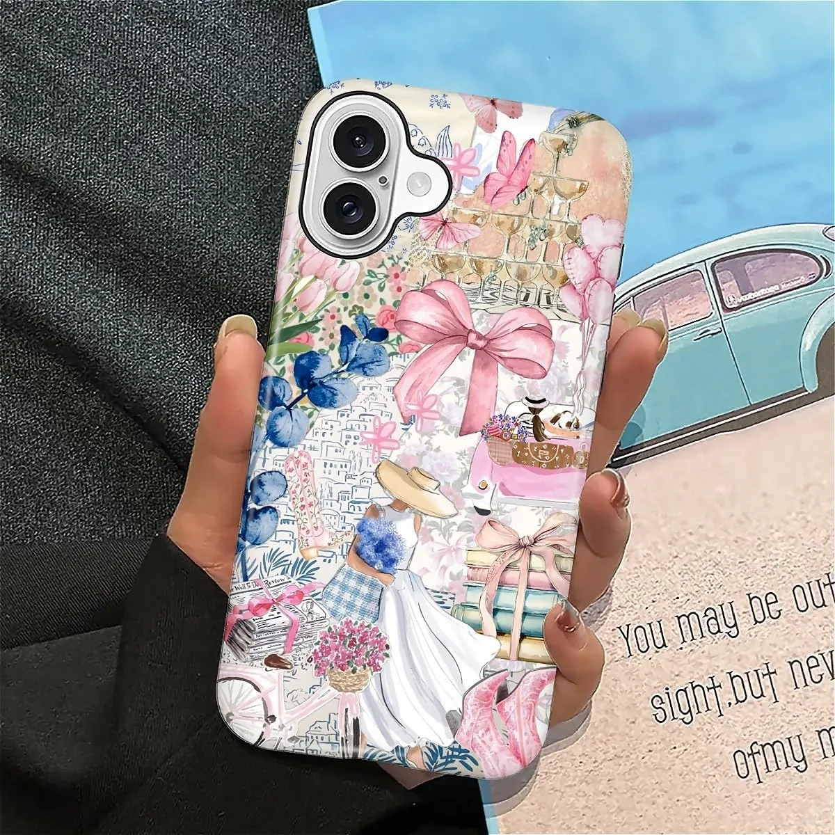 DAIZAG Case for iPhone 16,Mixed 2 Layer Design Shockproof Soft TPU Ddouble Protection Phone Case for iPhone 16-Magazine Books Flower Bow Collage