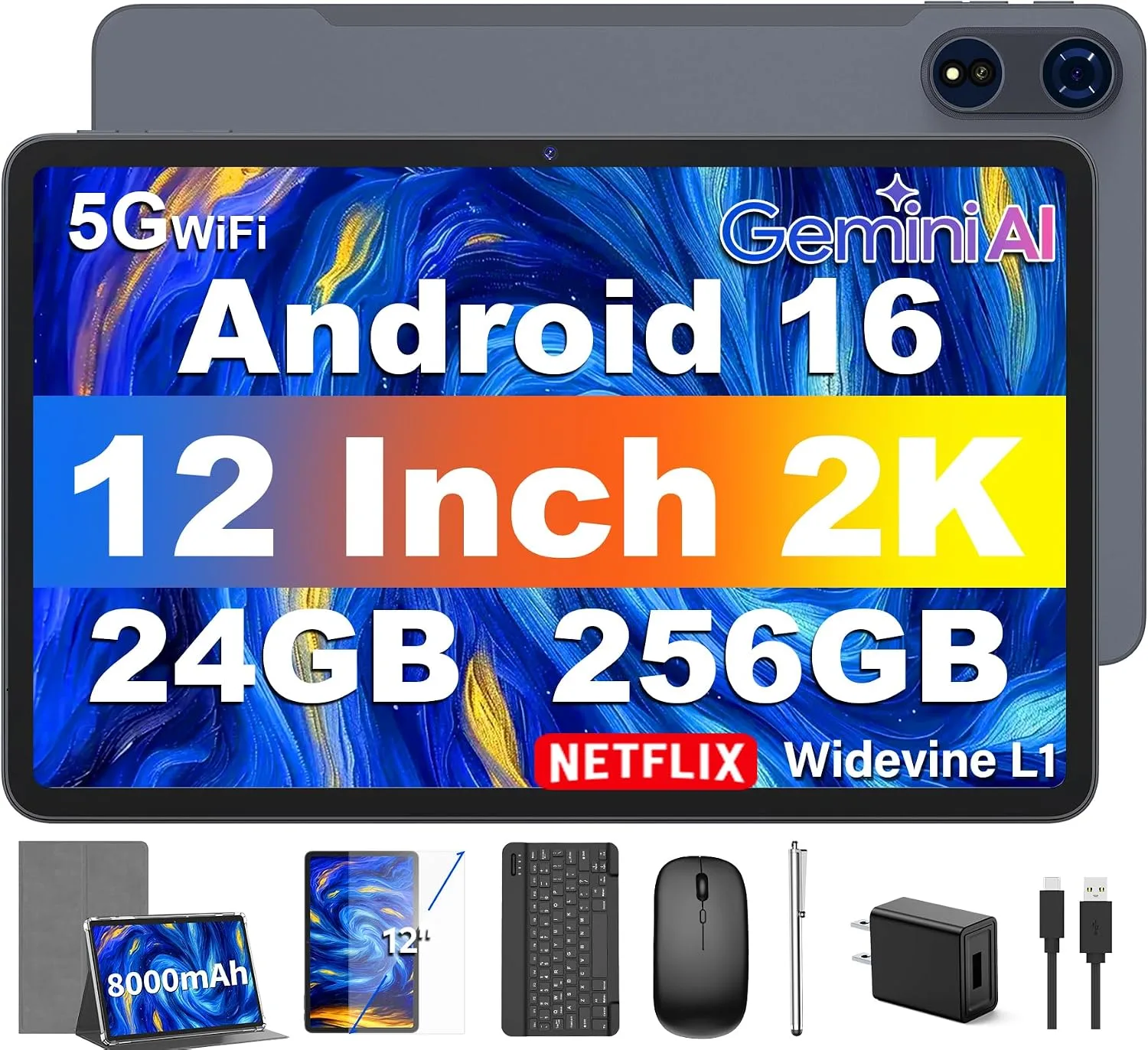 12 Inch Tablet with Keyboard, 2026 Android 16 Tablet with Gemini AI(Silver)