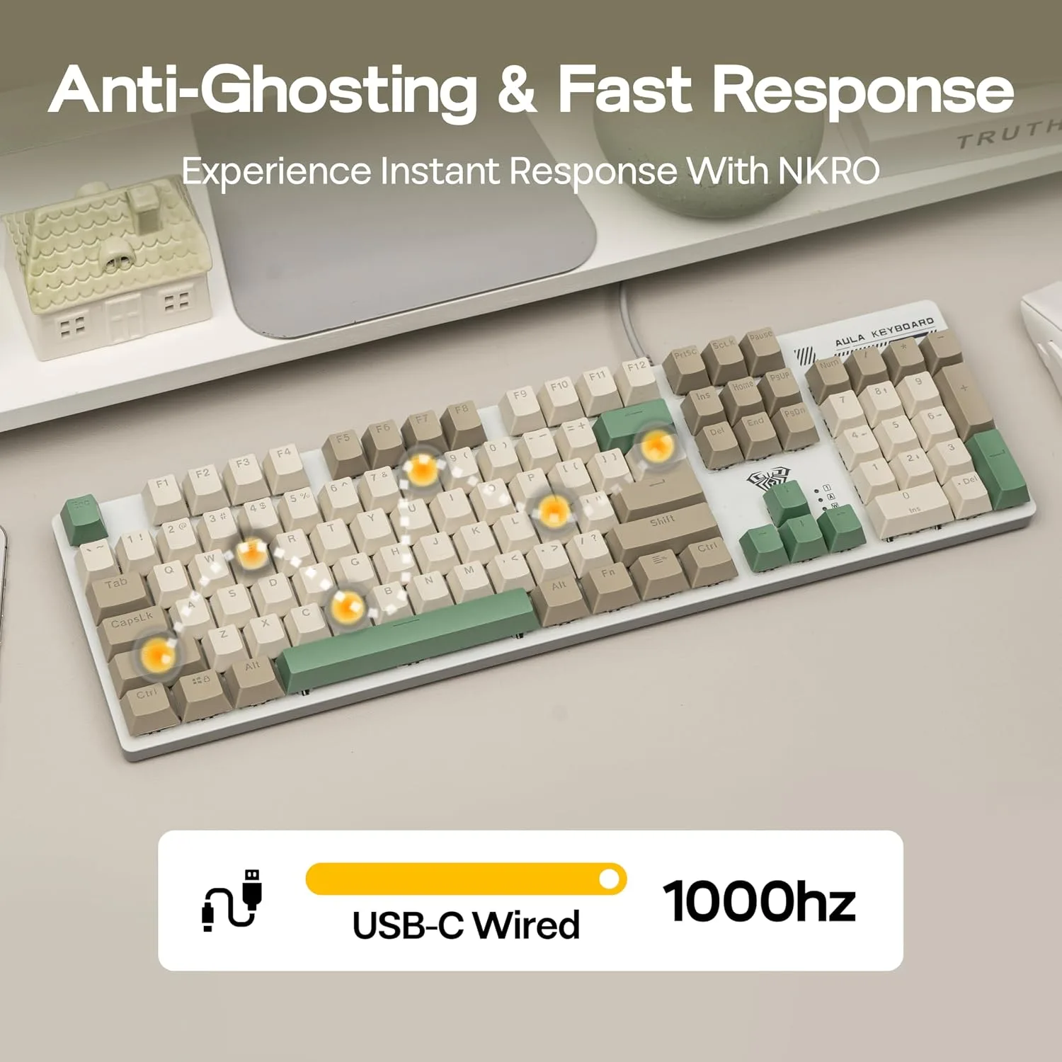 MechLands Aula S500 Wired Gaming Keyboard, 100% Full Size Mechanical Keyboard with Number Pad, 104 Keys, NKRO, RGB Backlits, Shine Through Keycaps, Ergonomic for PC E-Sports (White&Green, Red Switch)