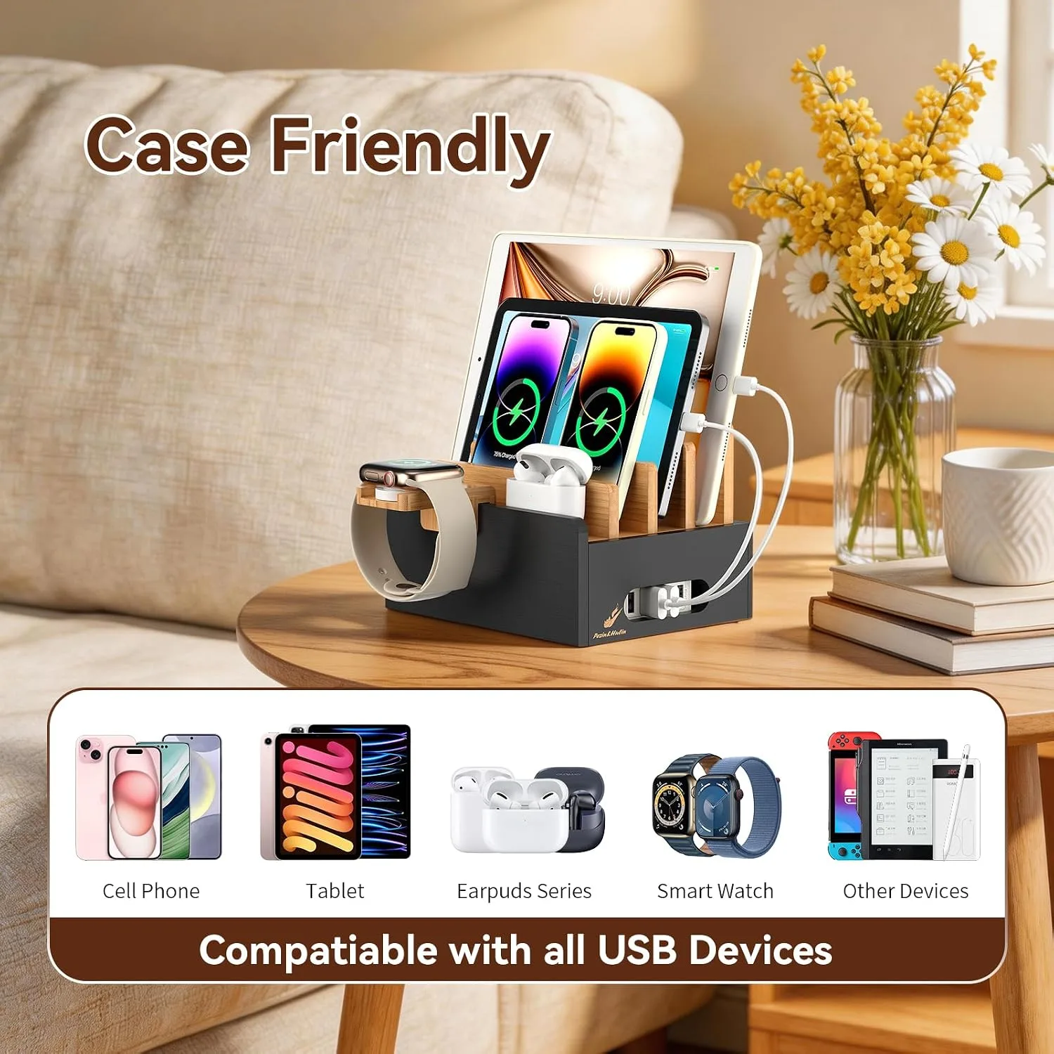 Pezin & Hulin Bamboo Charging Station with USB Charger&Cables-Natural+Black