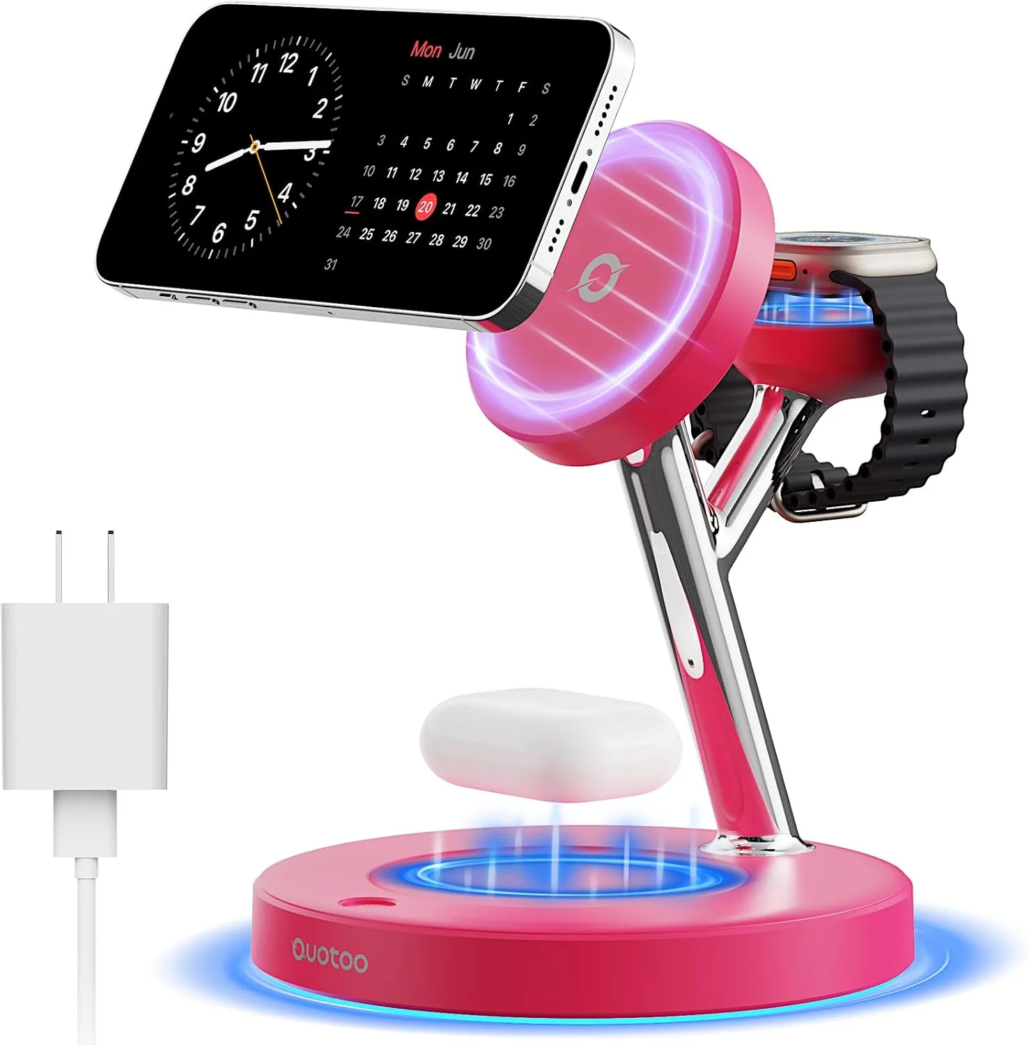 Cargador inalámbrico 3 en 1 Ouotoo con luz ambiental azul ajustable y carga rápida 15W para iPhone 12-17, Apple Watch y AirPods