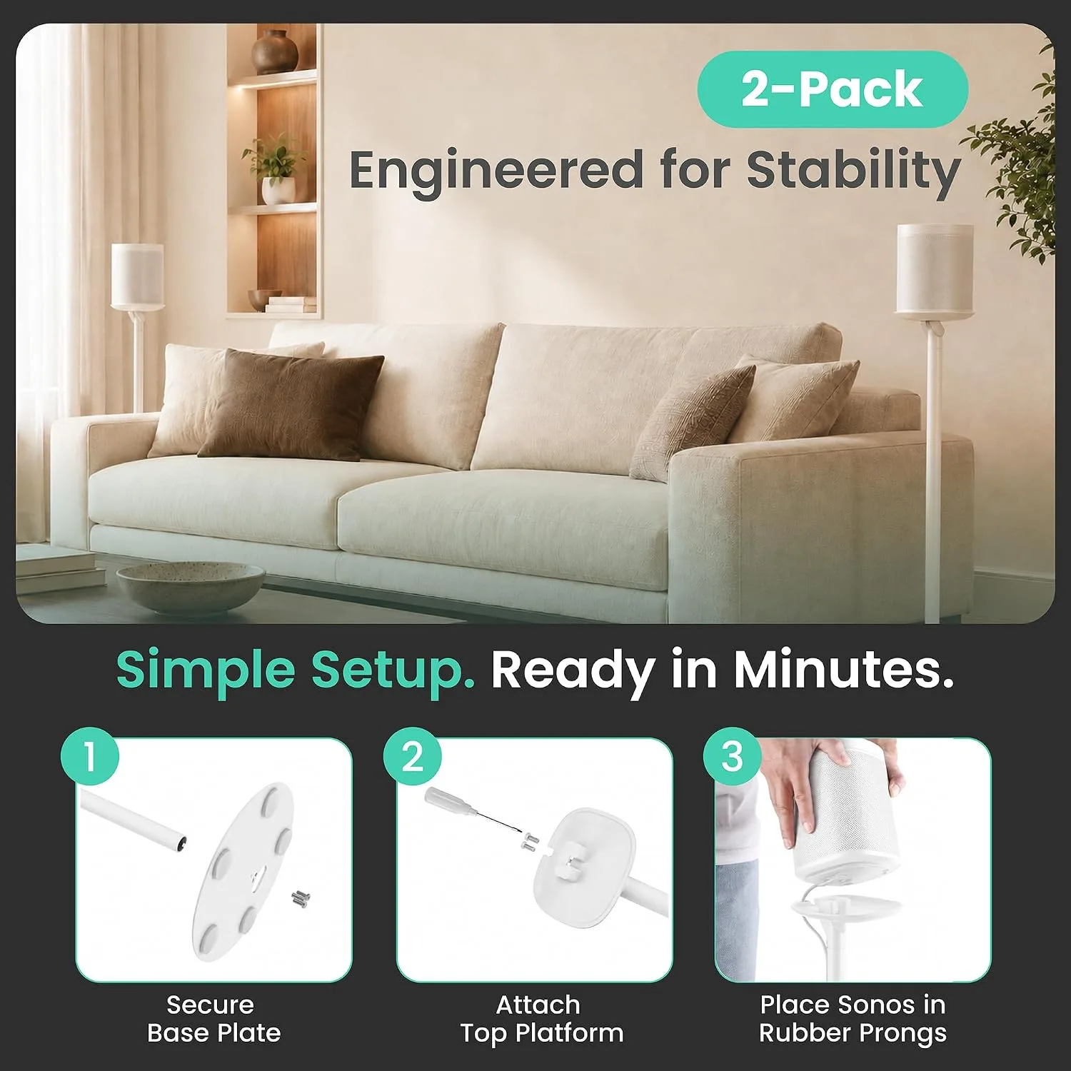 ynVISION.DESIGN Speaker Stands for Sonos One/One SL & Play:1, White, 2 Pack