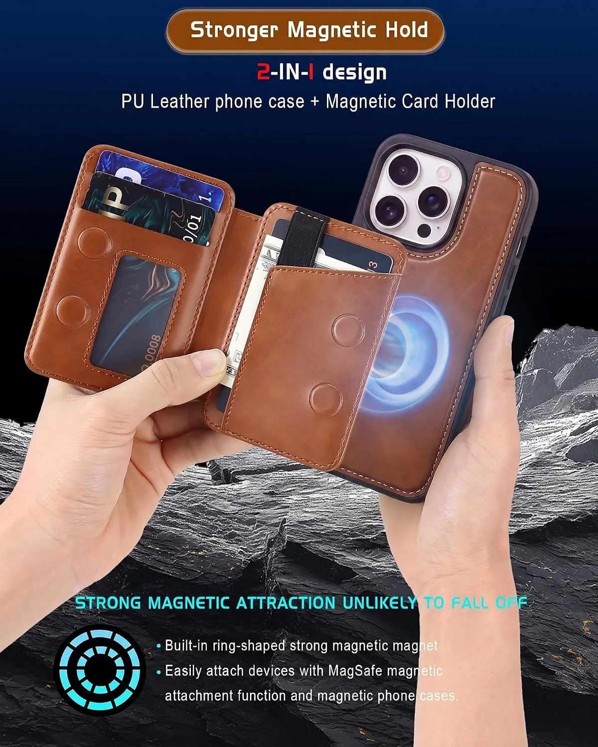 Magnetic Detachable Wallet Case for iPhone 16 Pro Max with Kickstand,2-in-1 MagSafe Compatible RFID Blocking Card Holder,Slim PU Leather Cover Brown