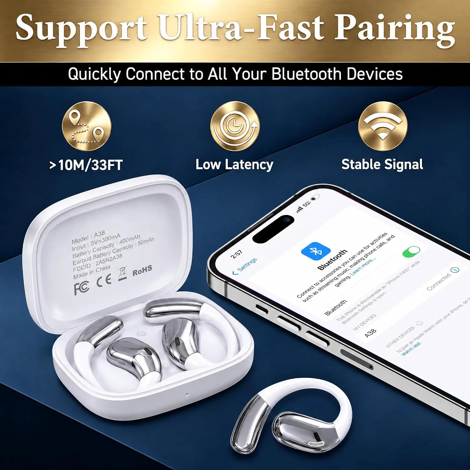 Open Ear Headphones, Wireless Headphones with Waterproof & Mic（White）